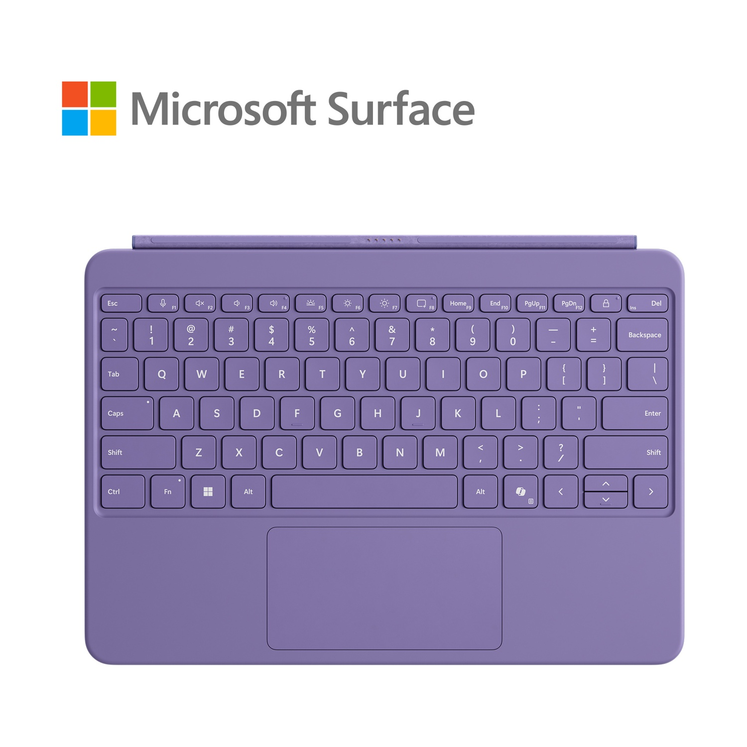 Tastiera viola con touchpad. Il logo Microsoft Surface è visibile.