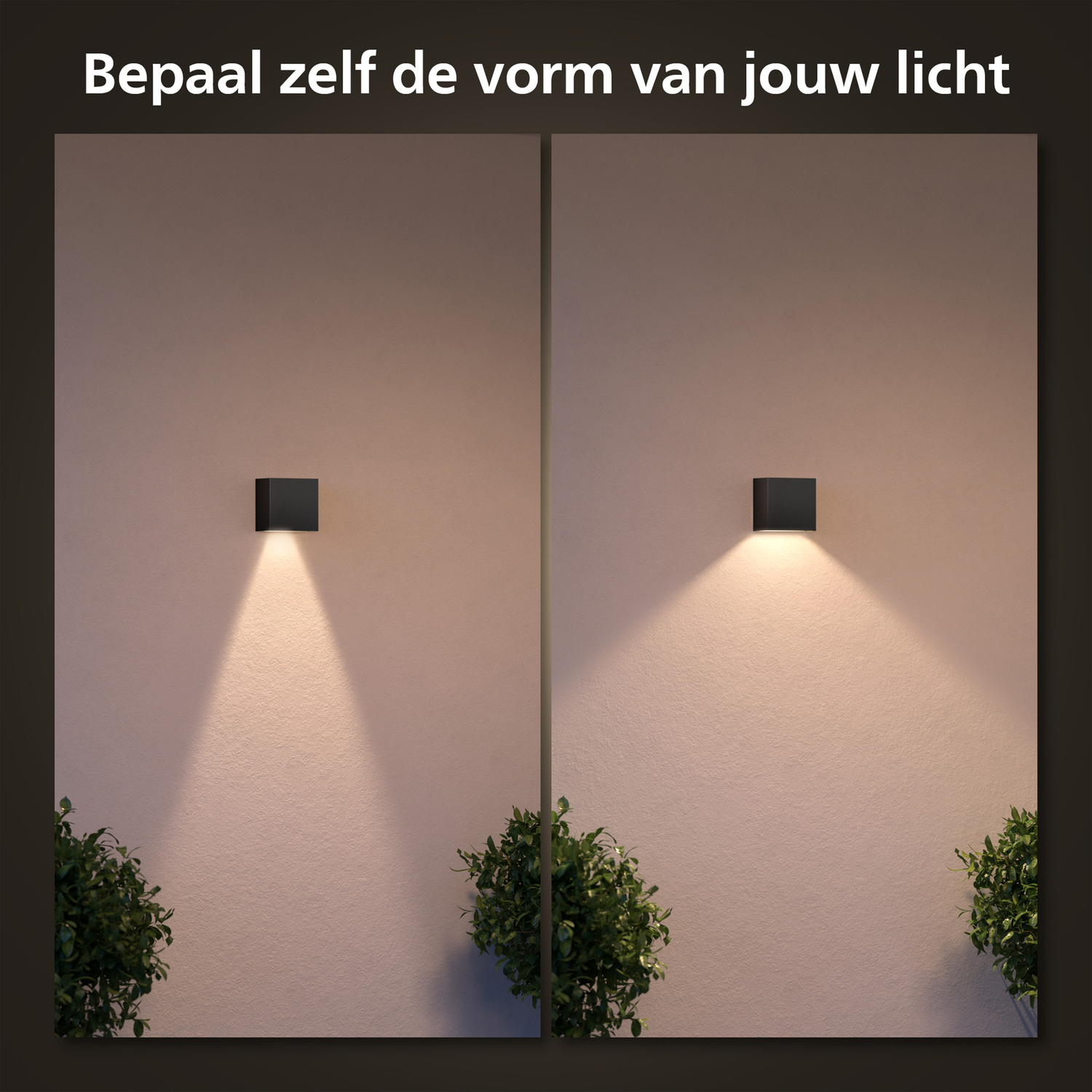 Drie zwarte vierkante lichten op een muur, die roze licht uitstralen, met planten en meubels.