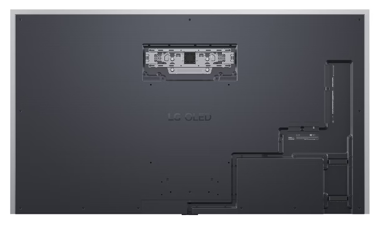 Tył telewizora, czarna powierzchnia z logo LG OLED, portami i wspornikami montażowymi.