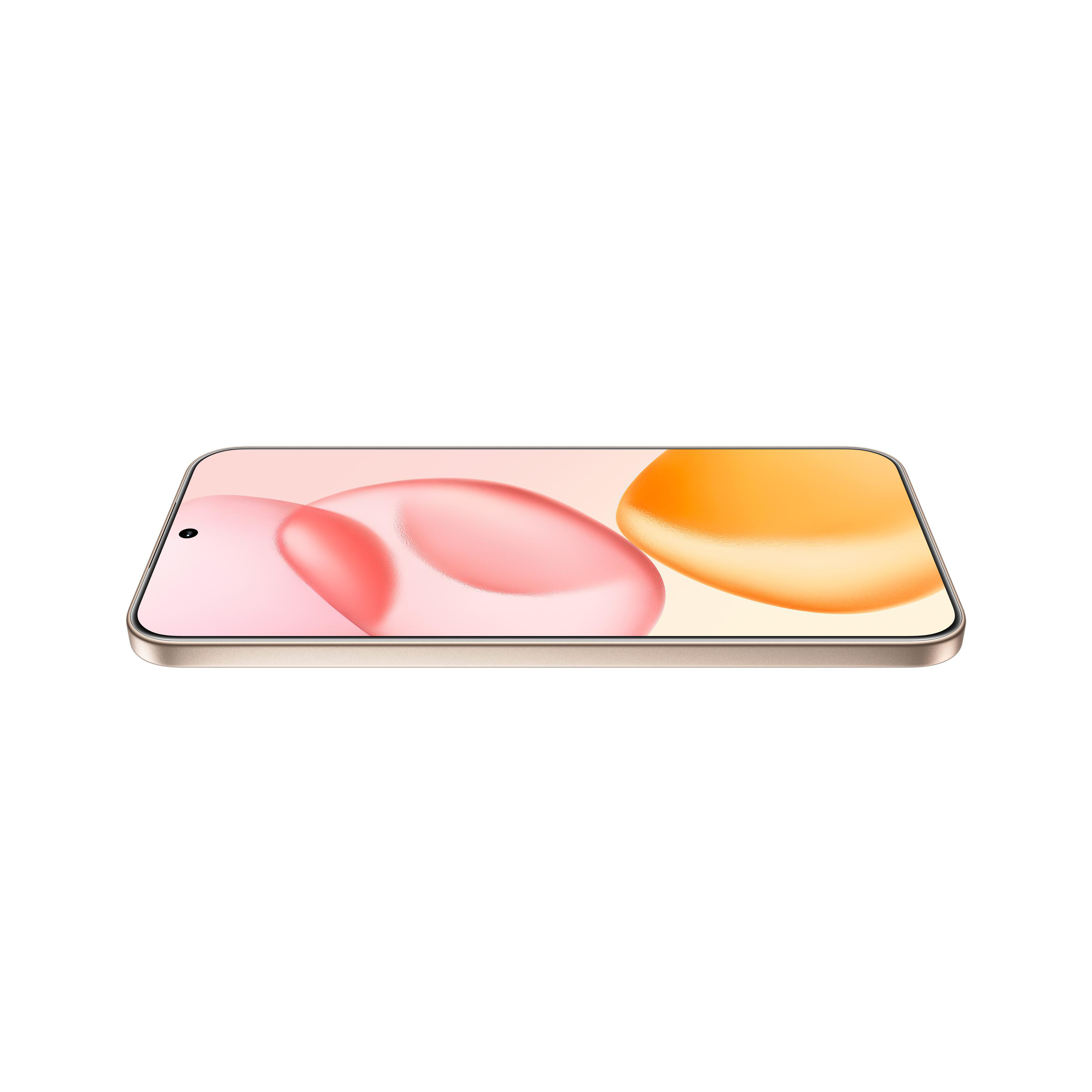 Smartphone mit rosa und orangefarbenem abstraktem Hintergrund. Es liegt flach.