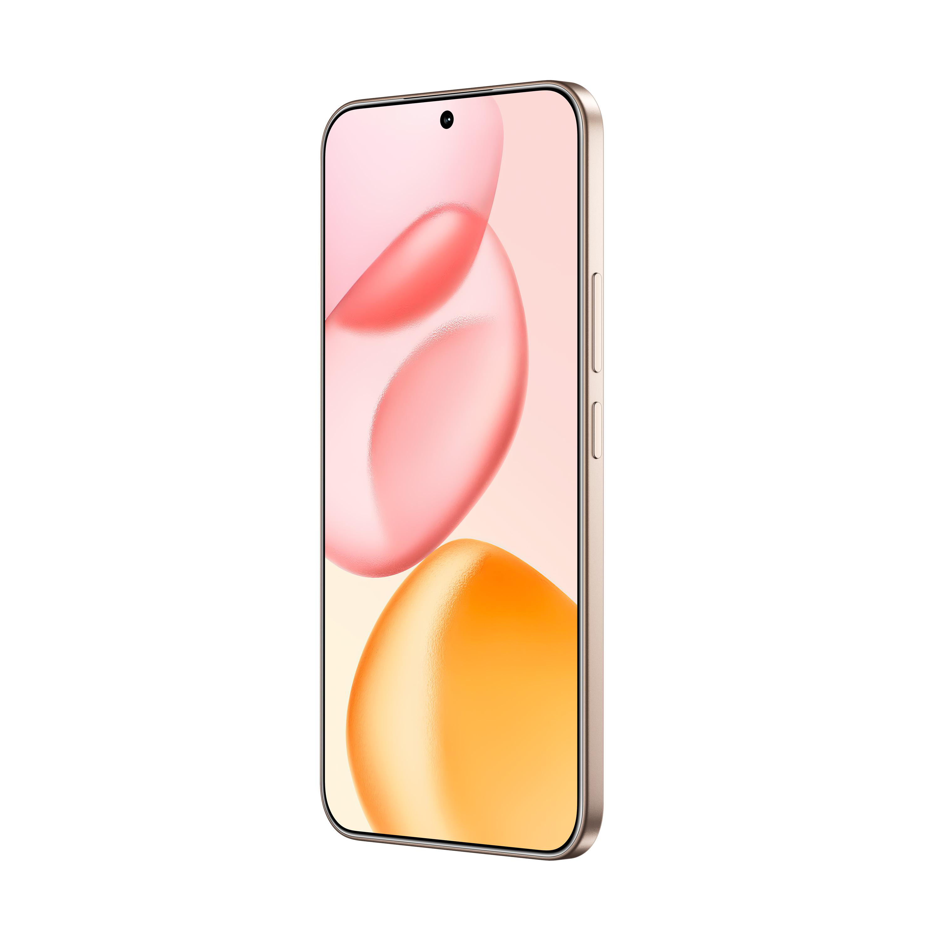 Goldenes Telefon mit rosa und orangefarbenem, abstraktem Design auf dem Bildschirm.