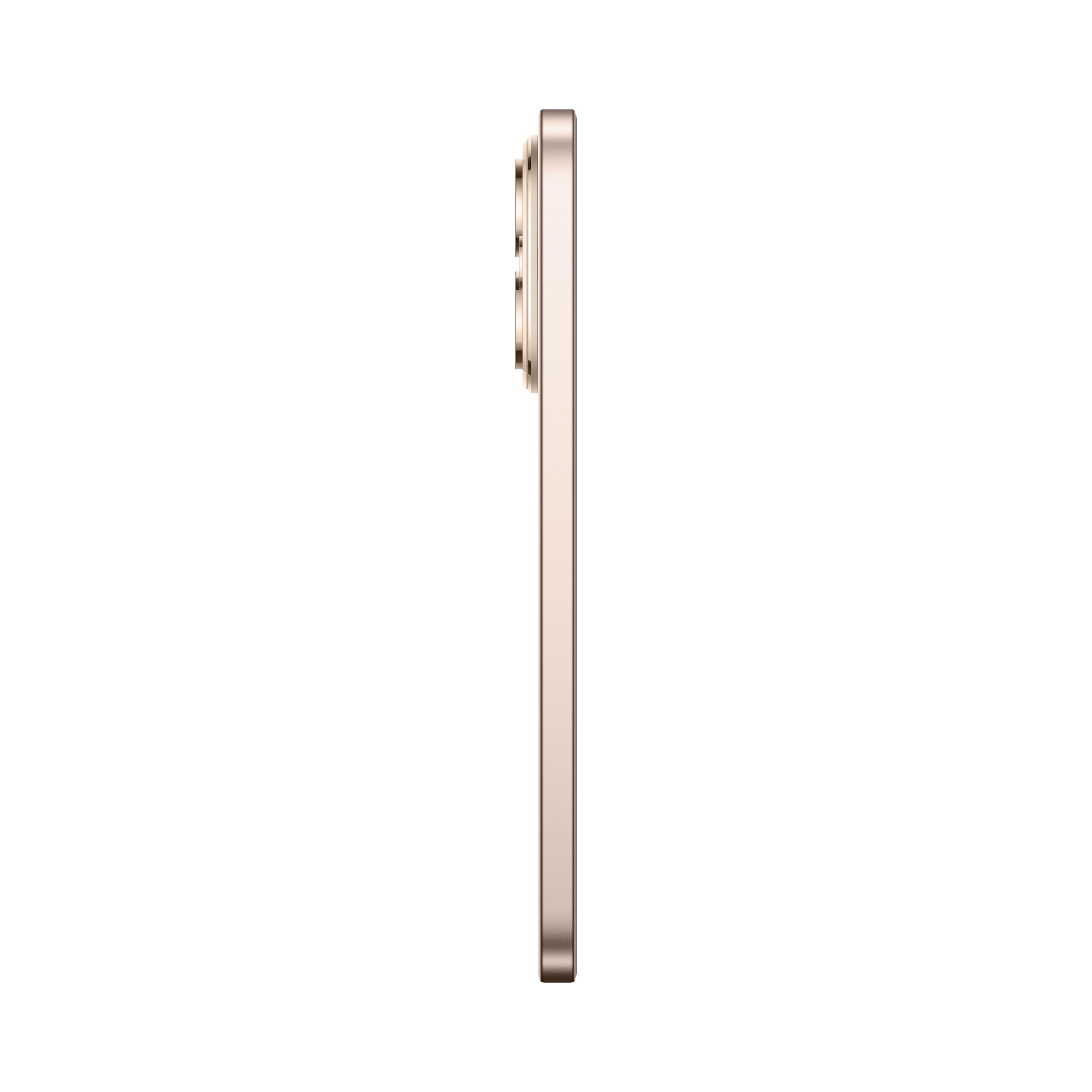 Seitenansicht eines goldfarbenen Smartphones auf weißem Hintergrund, Kameralinsen sichtbar.