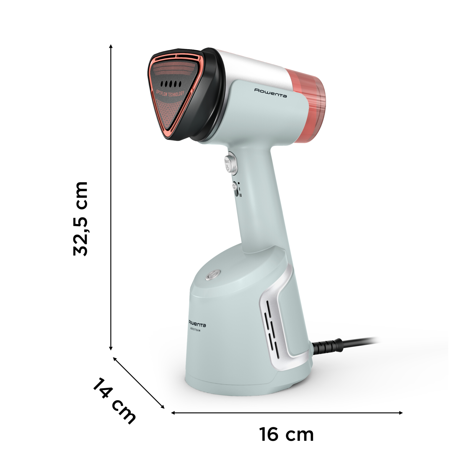 Vaporizador de mano en verde menta, detalles rojos y acentos plateados. Las dimensiones se indican con flechas.