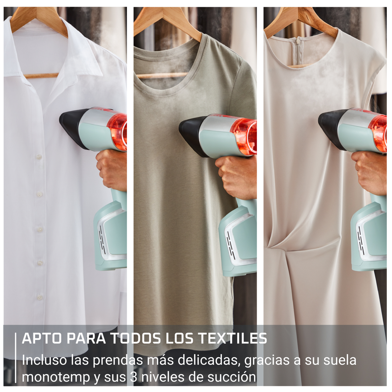 Tres imágenes muestran ropa planchada con un dispositivo de mano. Se muestran diferentes tejidos.
