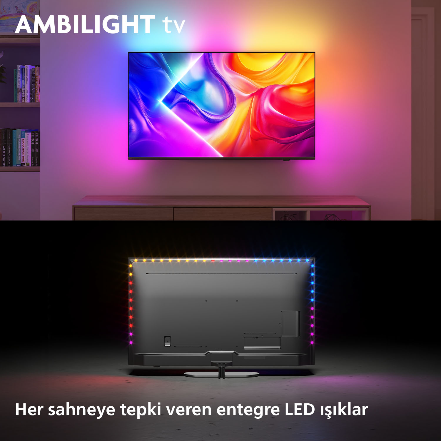 Duvara monte Ambilight TV, duvarda ve TV arkasında renkli ışıklarla.
