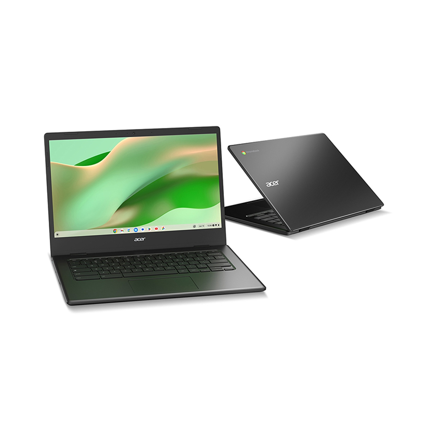 Due laptop Acer Chromebook neri su una superficie bianca. Uno aperto, l'altro chiuso.