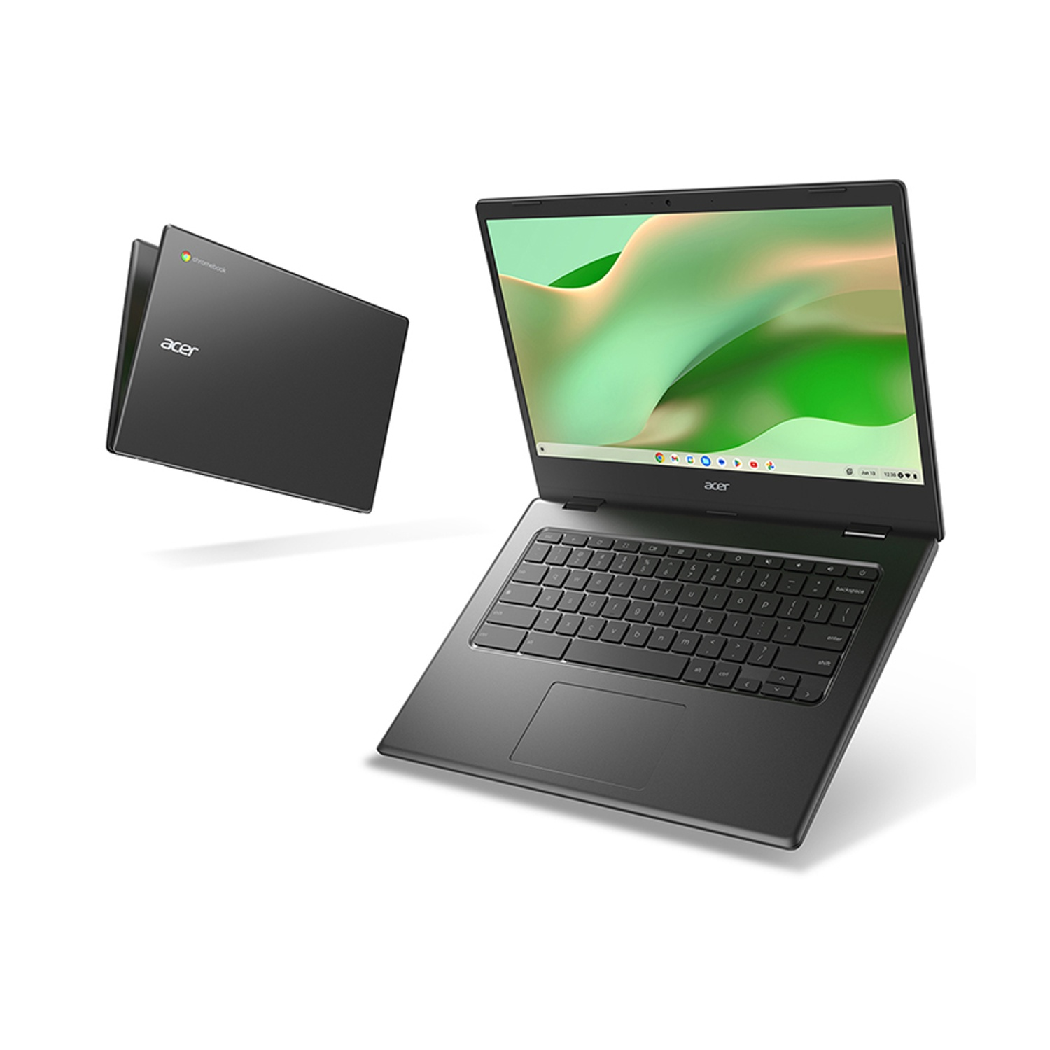 Un laptop Acer Chromebook, aperto, con un altro chiuso fluttuante in aria.