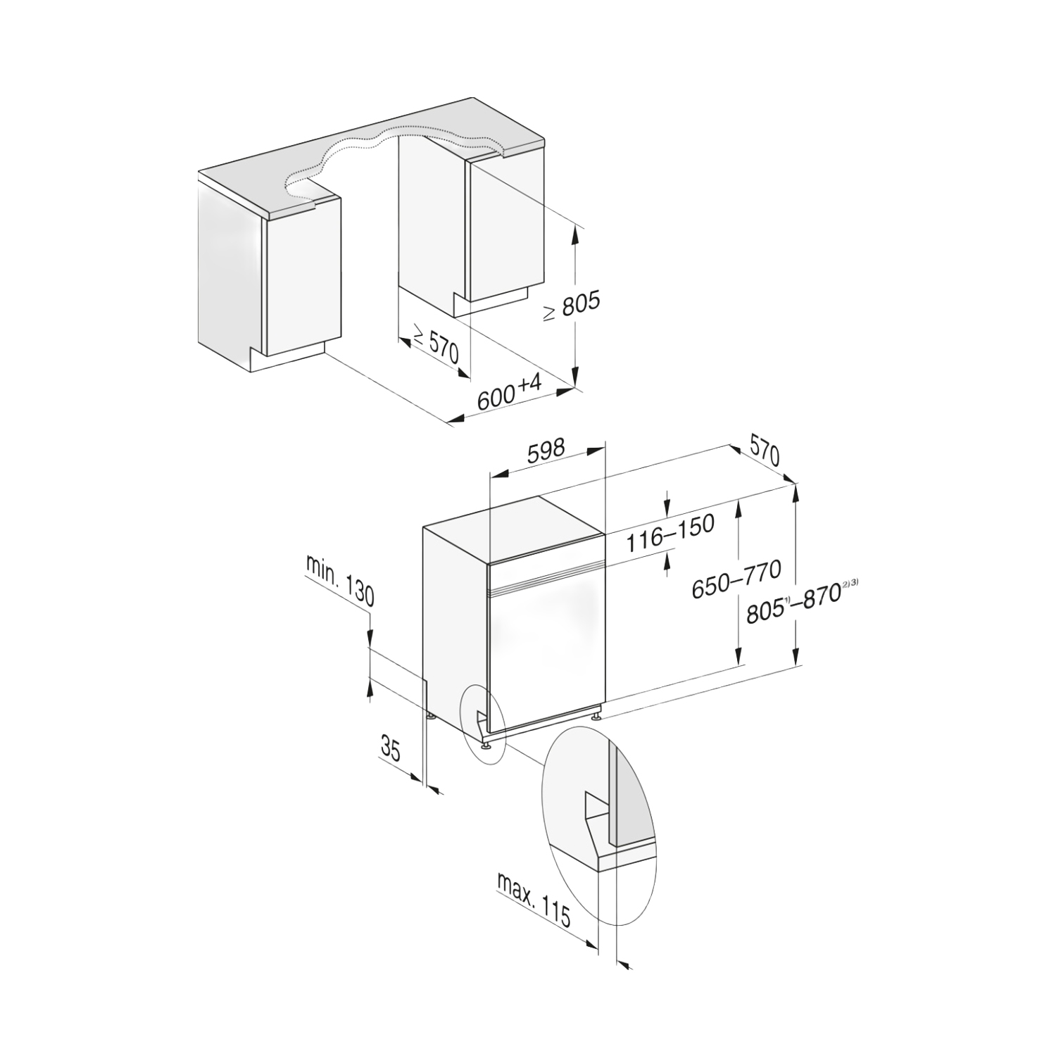 Disegno tecnico di una lavastoviglie con dimensioni in millimetri.