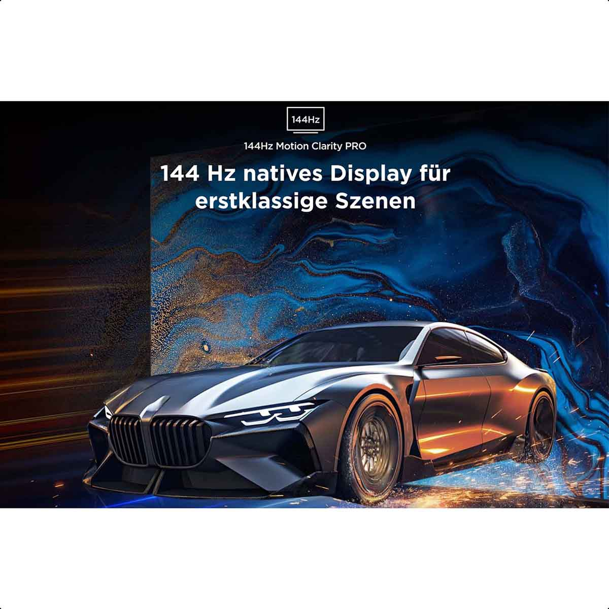 Das Bild zeigt ein Auto auf einem Display mit Text: 144Hz, 144 Hz natives Display für erstklassige Szenen.