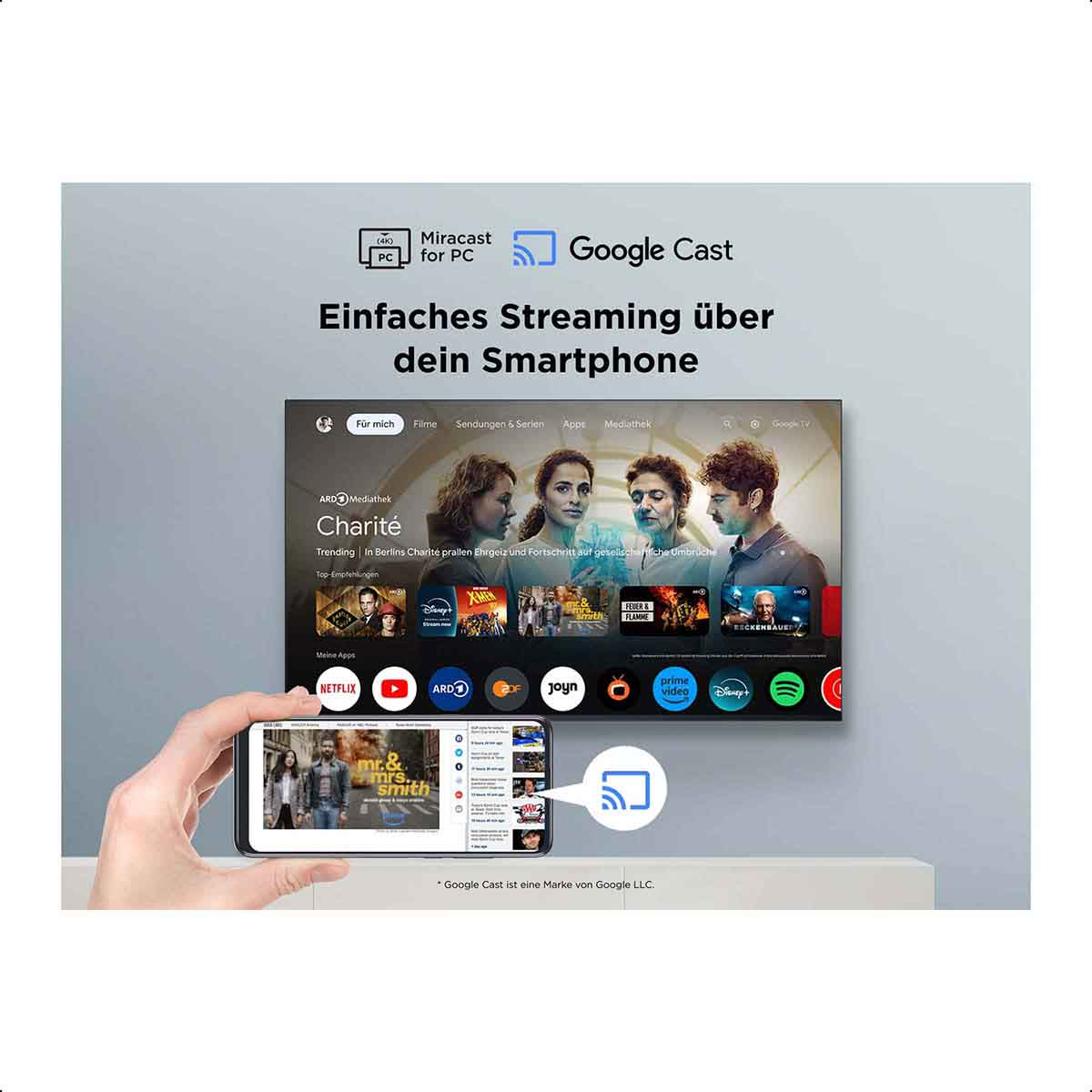 Smartphone zeigt TV-Sendung; Fernseher zeigt Google Cast und Miracast.