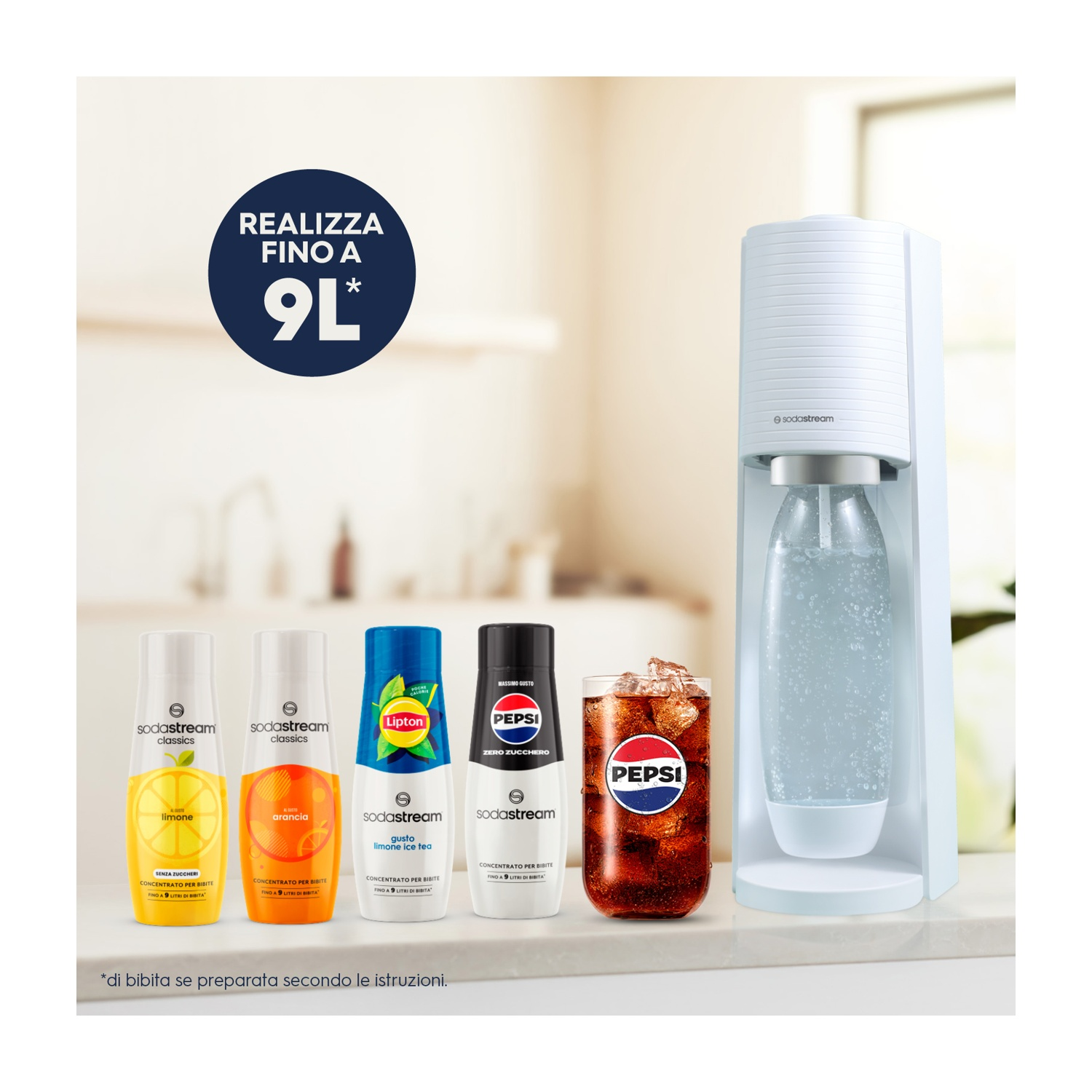 Una macchina SodaStream, bottiglie di sciroppi per soda e un bicchiere di bevanda con ghiaccio. Testo: Produce fino a 9L.
