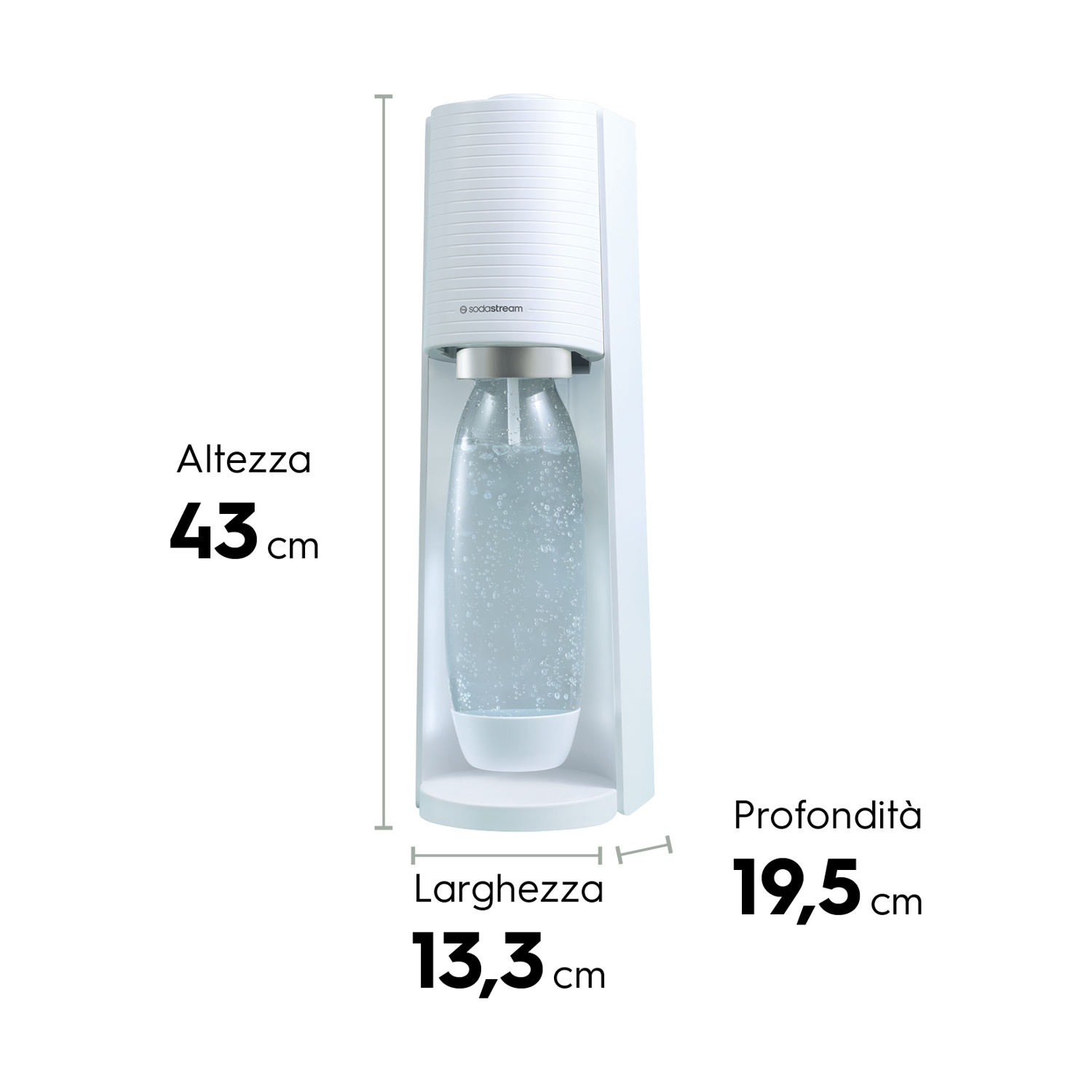Una macchina SodaStream bianca con una bottiglia di vetro all'interno. Misura 43 cm altezza, 13,3 cm larghezza e 19,5 cm profondità.