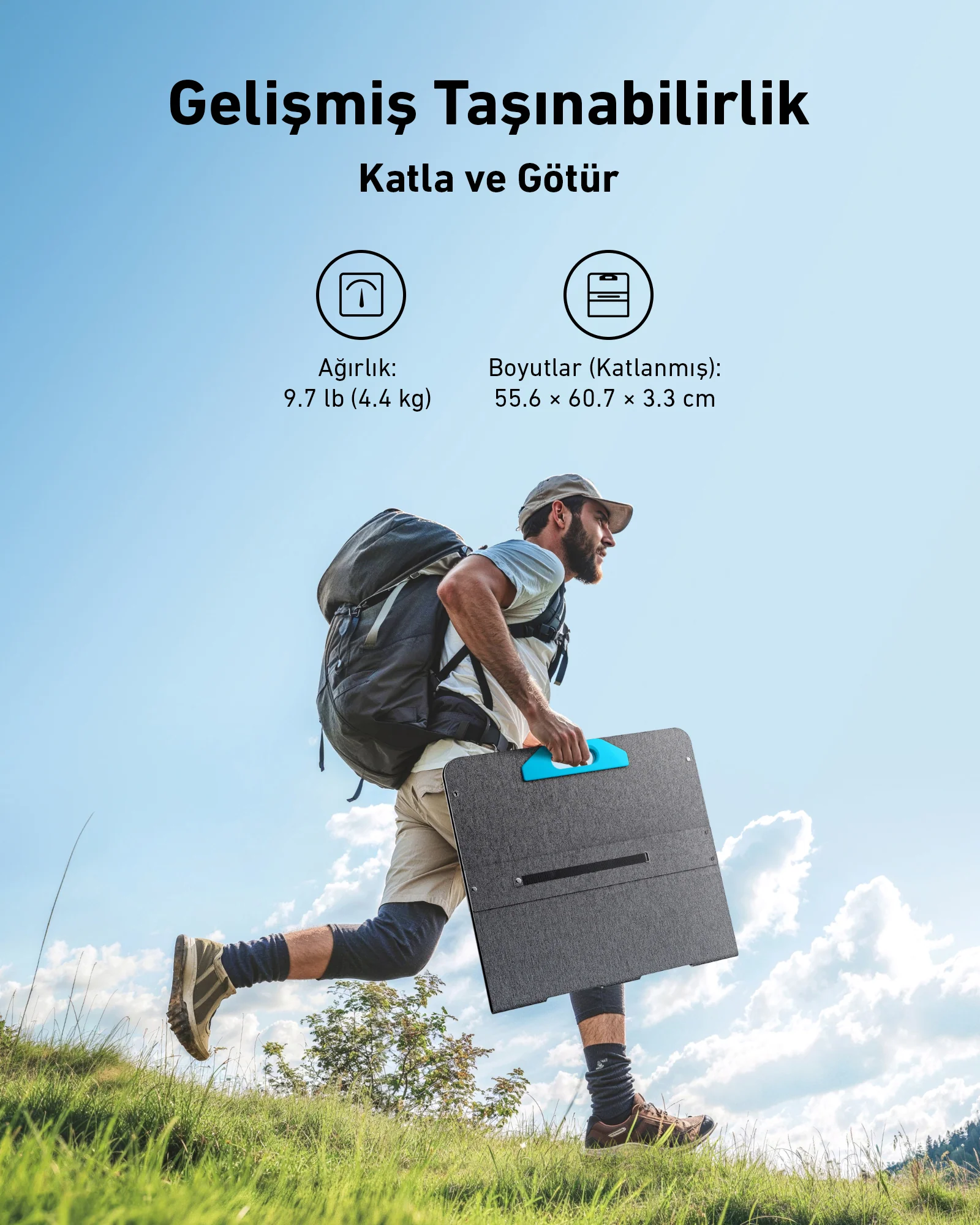 Güneş paneli ile koşan bir adam; taşınabilirlik hakkında metin.