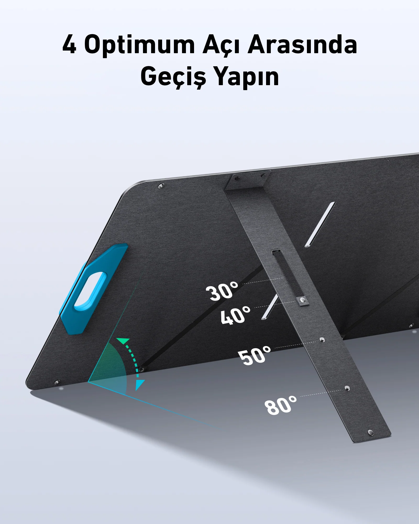 Ayarlanabilir açılara (30, 40, 50, 80 derece) sahip siyah bir panel ve mavi bir tutamak.