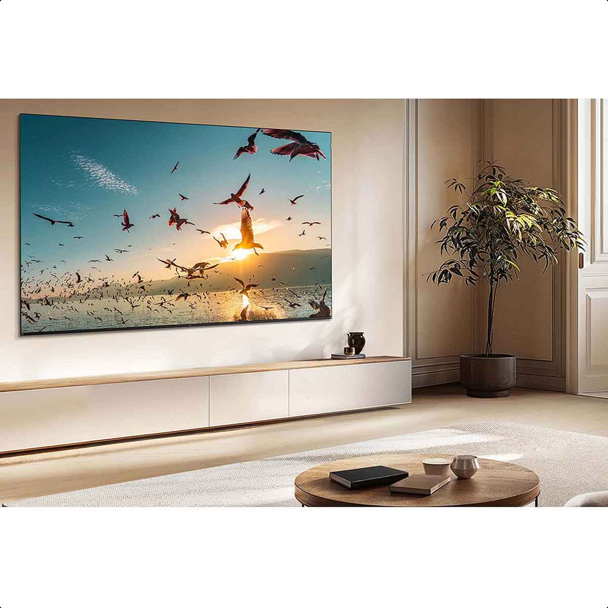 TV mit Vögeln über Wasser bei Sonnenuntergang. Innenraum mit Tisch und Pflanze.