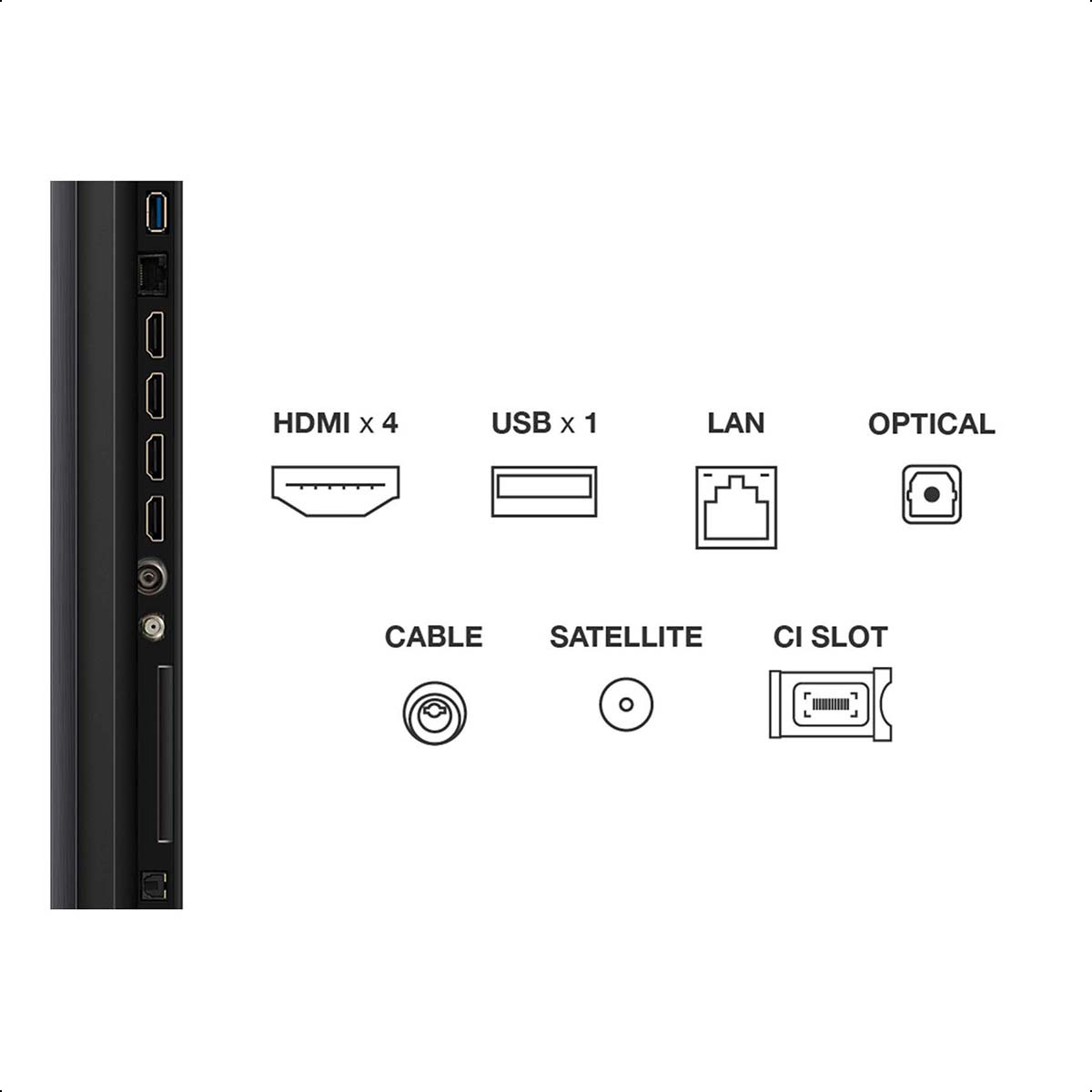 TV-Anschlüsse: HDMI x 4, USB x 1, LAN, OPTICAL, CABLE, SATELLITE, CI SLOT. Schwarzer Hintergrund.