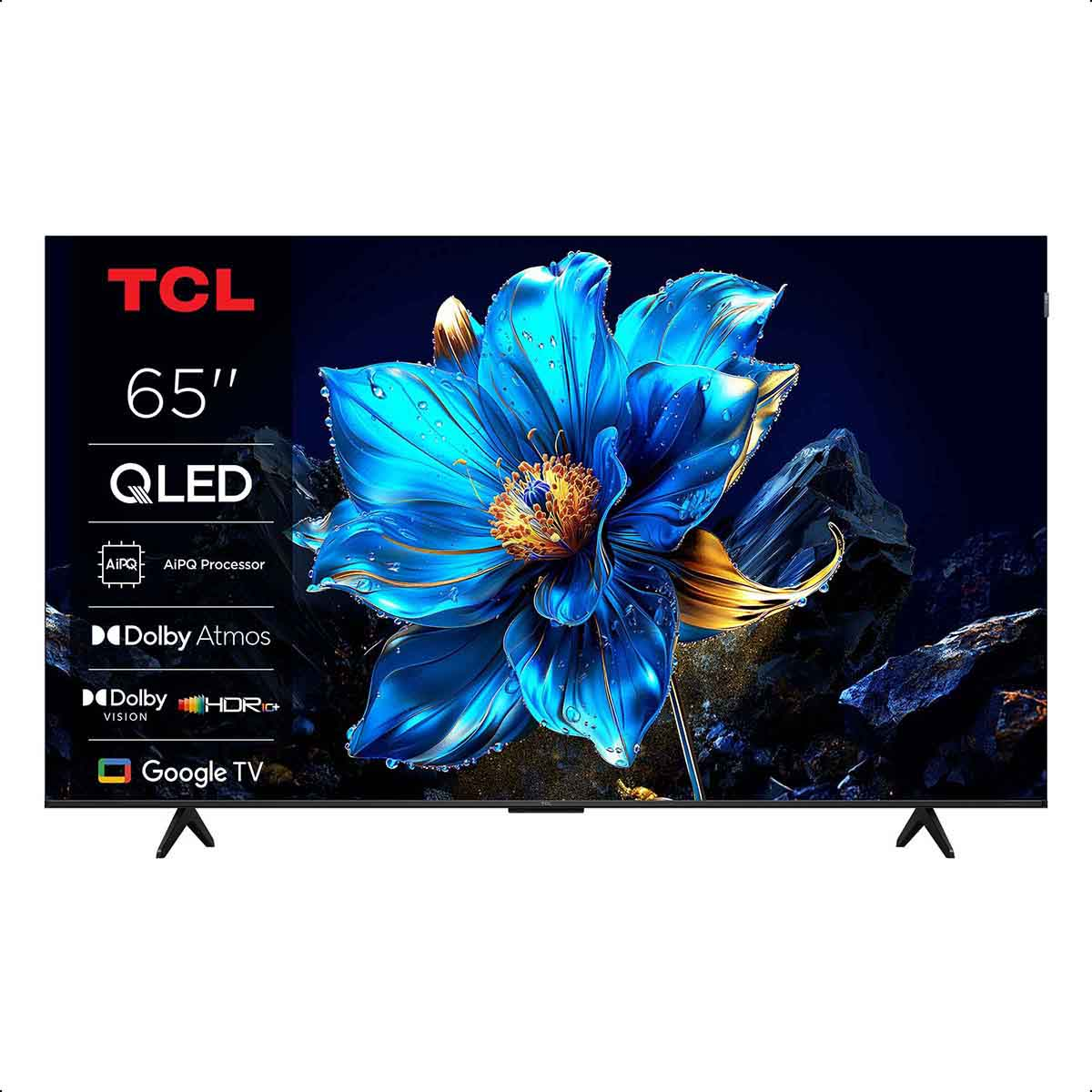 TCL 65" QLED TV mit blauem Blumenbild, Dolby Atmos, Vision, HDR+ und Google TV Logo.