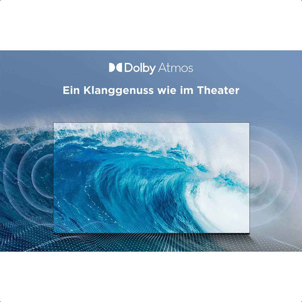 Der Fernsehbildschirm zeigt Wellen. Text: 'Dolby Atmos', 'Ein Klanggenuss wie im Theater'.