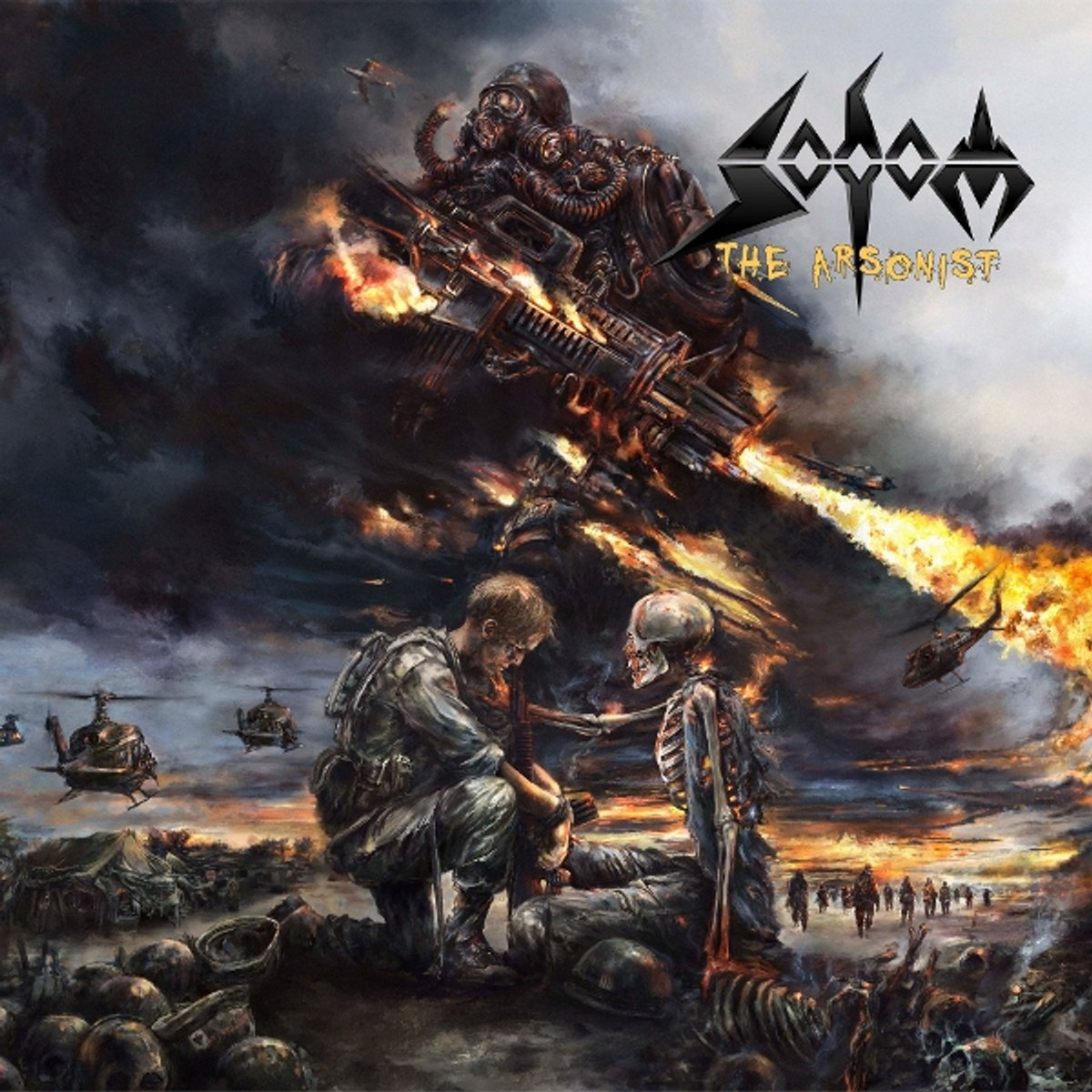 Albumhoes met soldaten, explosies en een skeletfiguur. 'The Arsonist' tekst.