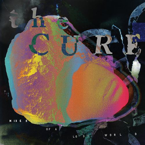 Pochette d'album avec forme abstraite et texte "The Cure". Coloré, fond sombre.