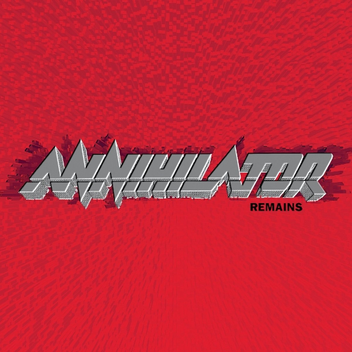 Tekst "ANNIHILATOR Remains" op rode achtergrond. Vet, metallic tekst.
