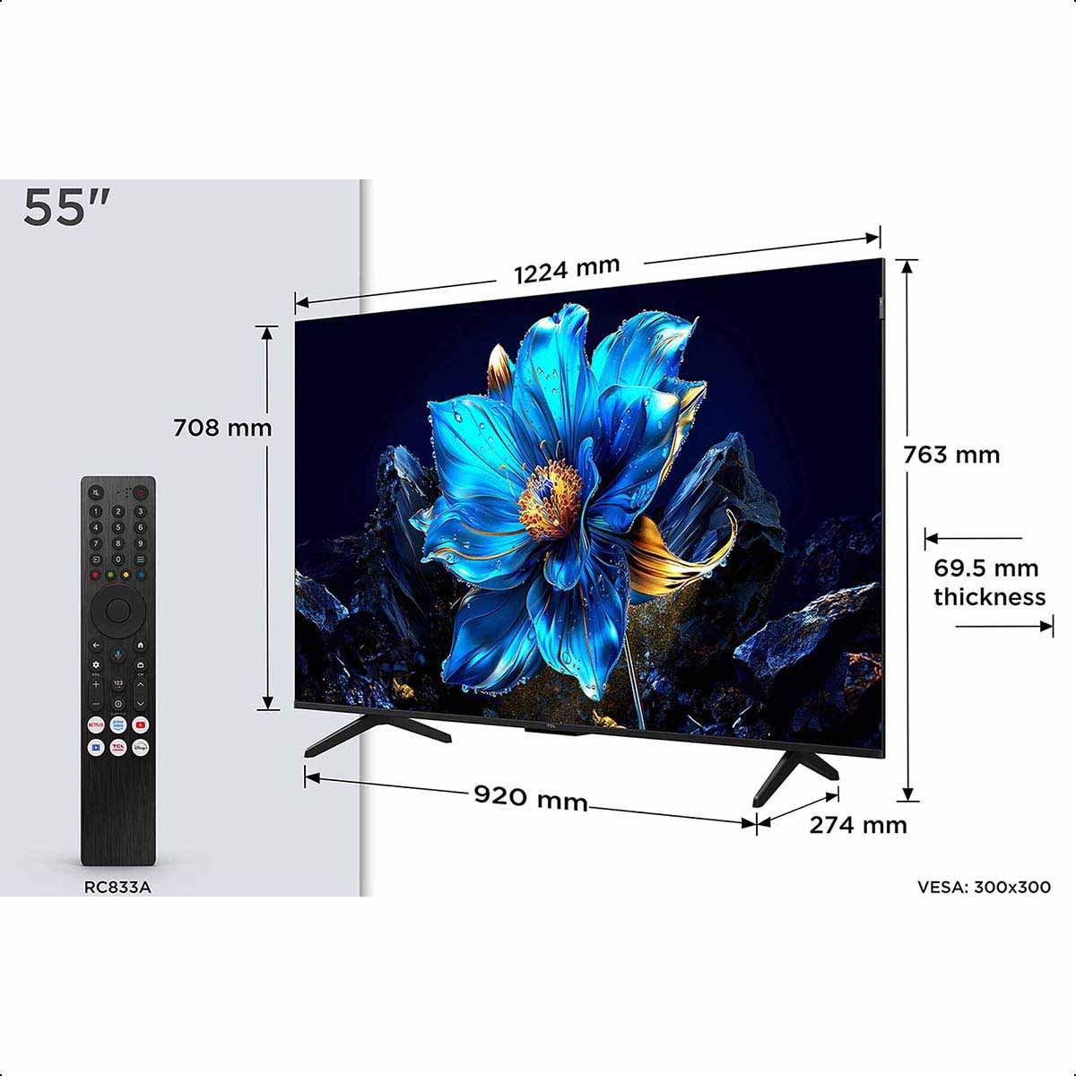 Das Bild zeigt einen 55"-Fernseher mit Abmessungen, einer Fernbedienung und einem Blumenbild auf dem Bildschirm.