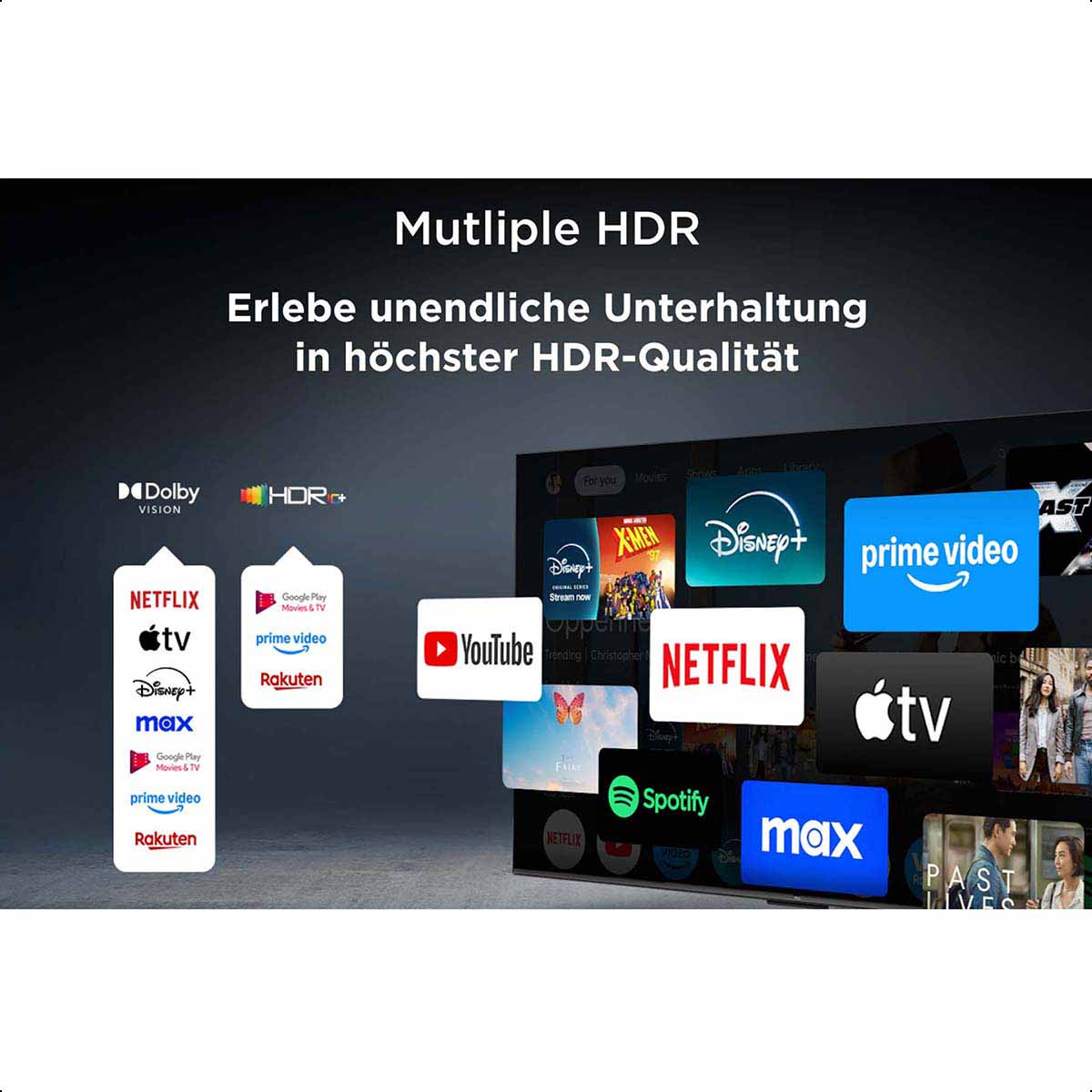 TV-Bildschirm mit verschiedenen App-Symbolen und HDR+ und Dolby Vision-Logos.