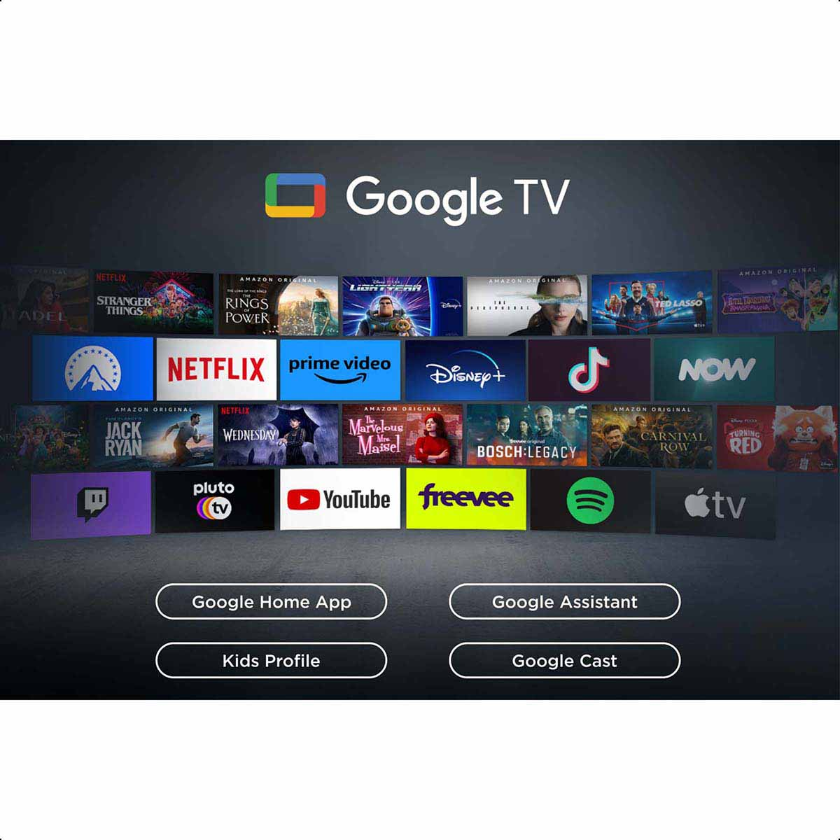 Eine Google TV-Oberfläche, die verschiedene App-Symbole und Optionen anzeigt.