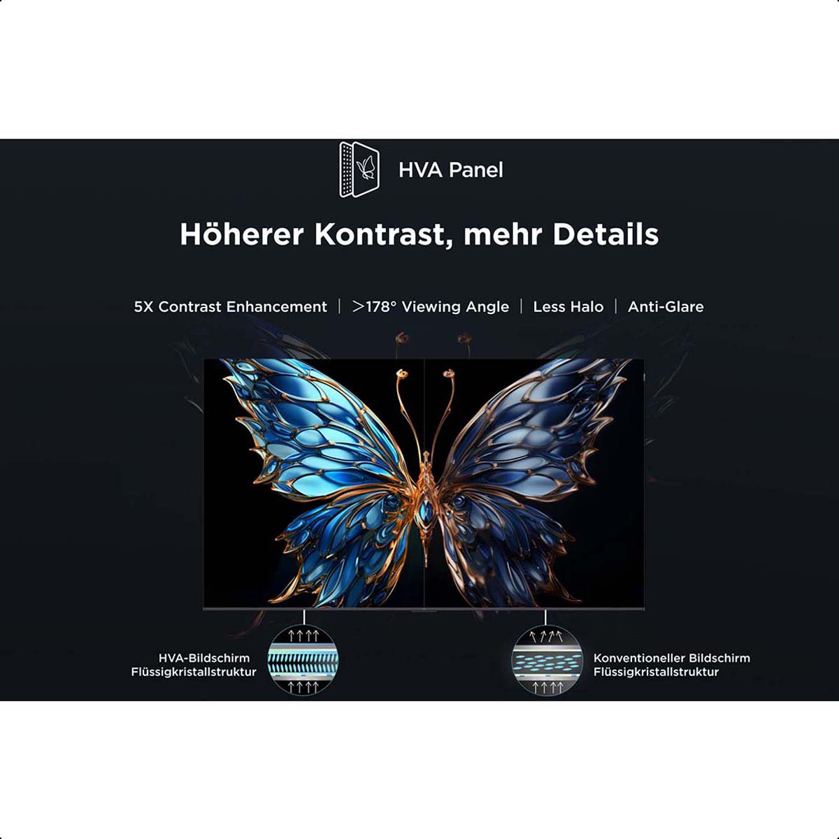 Schmetterlingsbild auf dem TV-Bildschirm, zeigt HVA-Panel-Details.