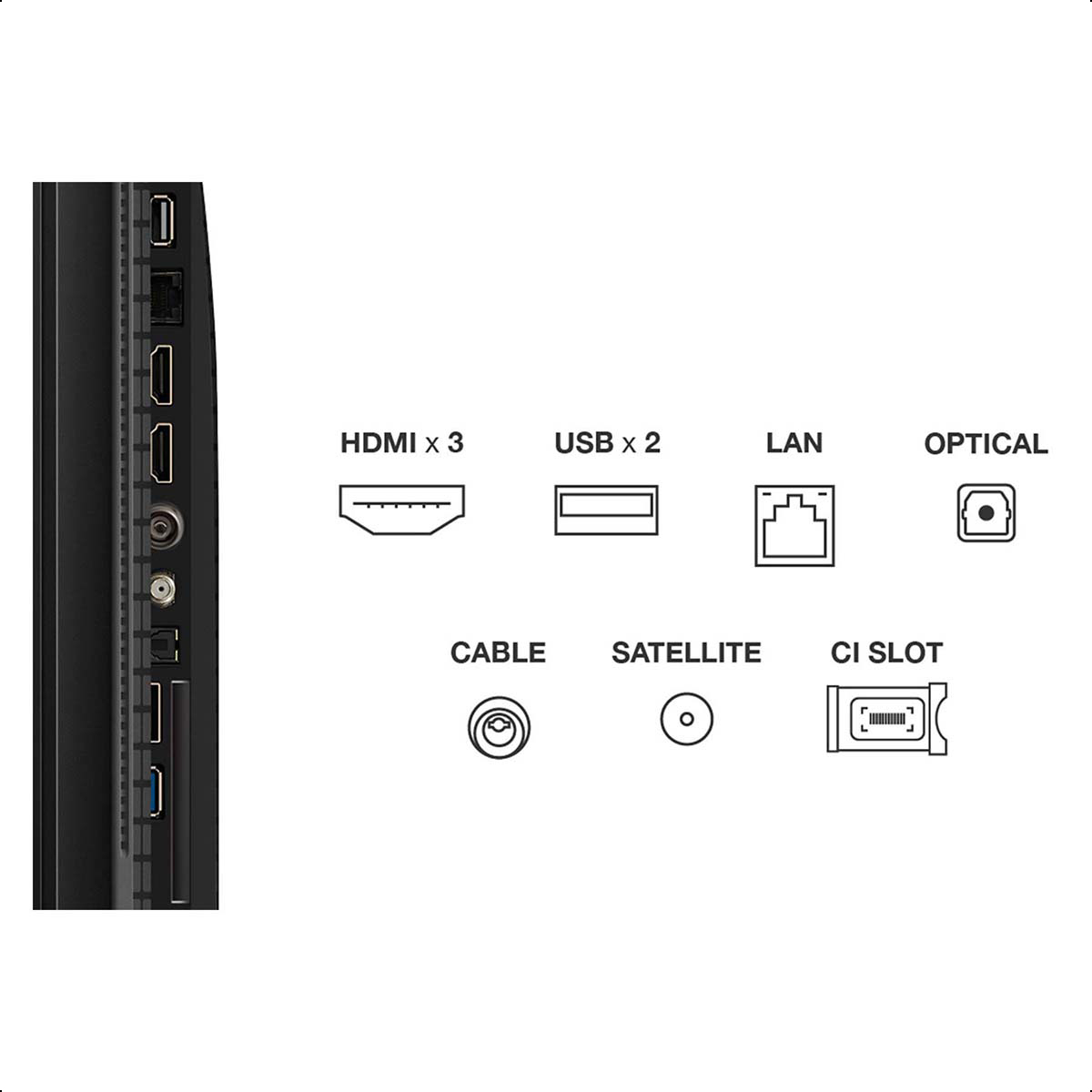 TV-Anschlüsse: HDMI, USB, LAN, Optisch, Kabel, Satellit, CI-Steckplatz.