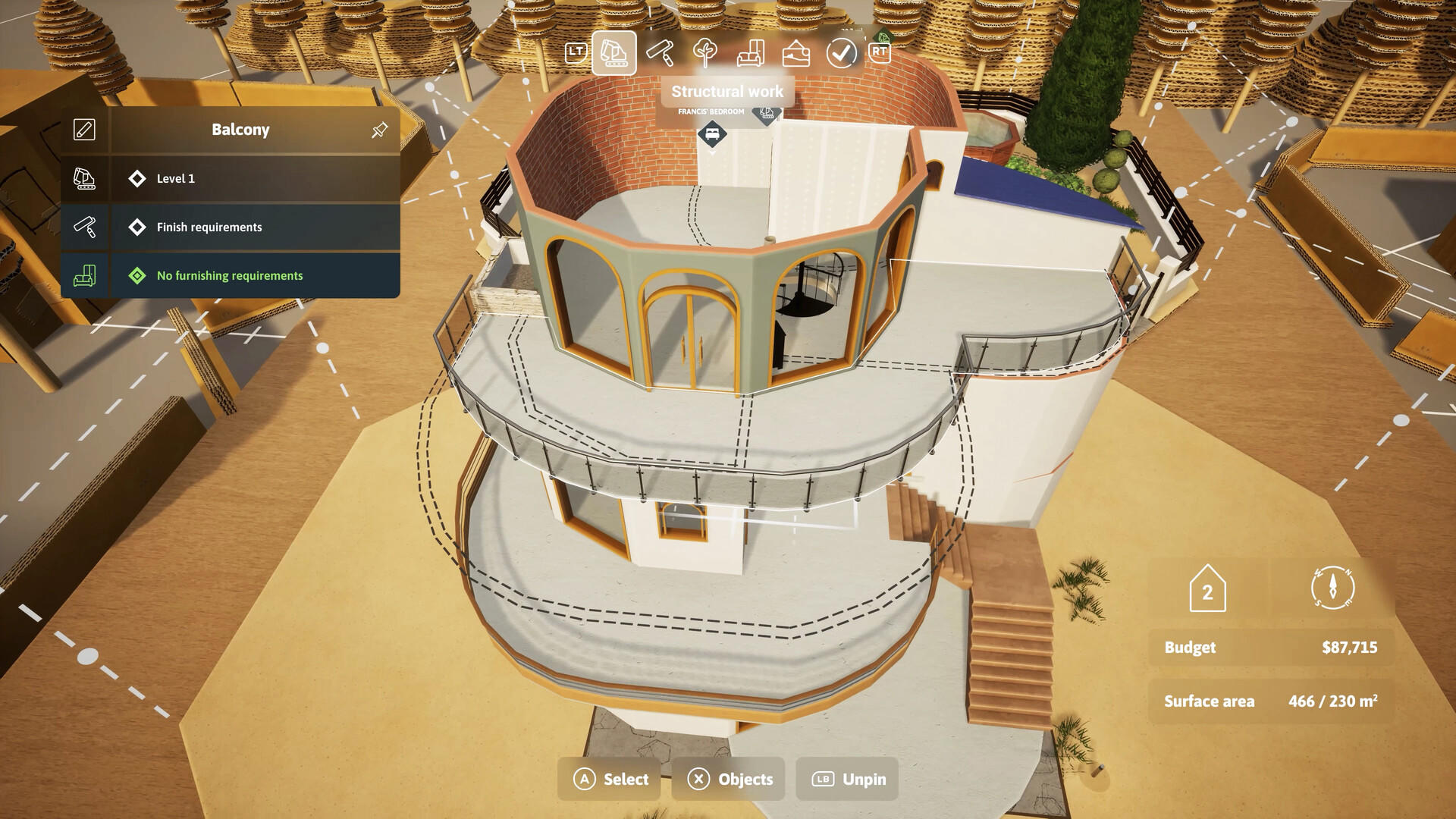 3D-Hausdesign-Oberfläche. Zeigt einen Balkon, Level 1 und Fertigstellungsanforderungen. Zeigt ein mehrstöckiges Haus.