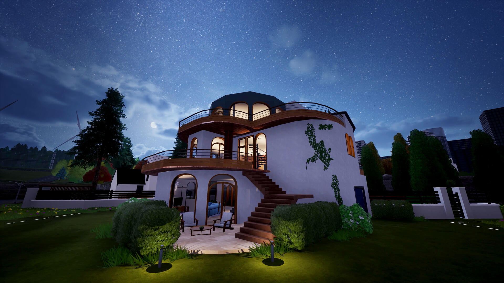 Modernes Haus bei Nacht mit Sternenhimmel. Mehrere Ebenen, Balkone und üppiges Grün. Stadtlichter im Hintergrund.