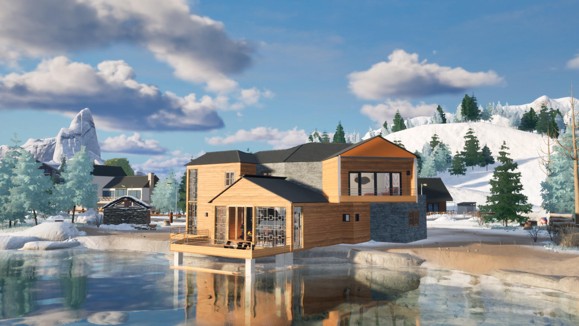 Ein modernes Haus an einem See, umgeben von schneebedeckten Bergen und Bäumen. Blauer Himmel mit Wolken. Winterlandschaft.
