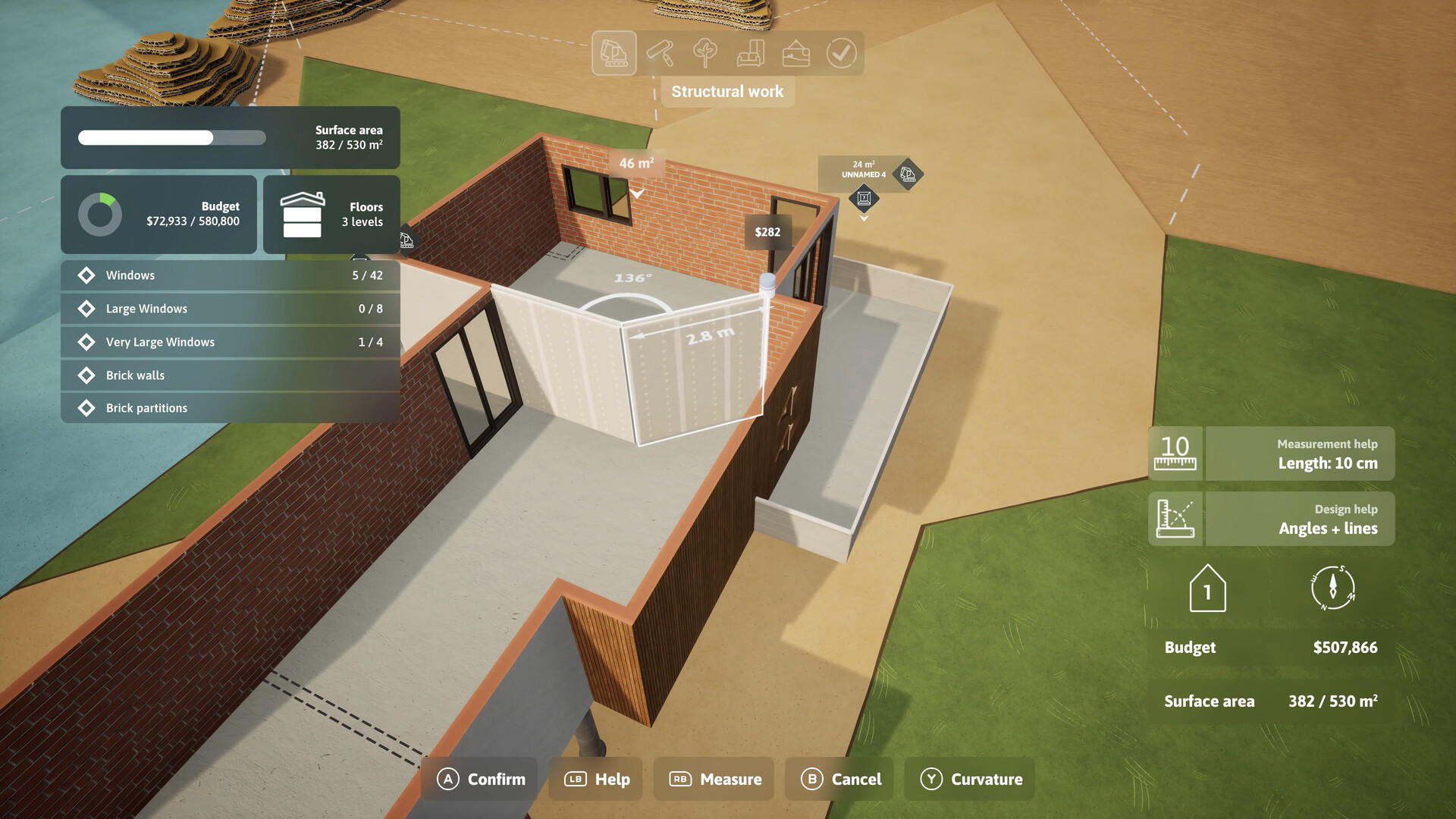 3D-Hausdesign-Oberfläche. Zeigt Bauelemente, Budget und Fläche. Zeigt ein teilweise gebautes Haus.