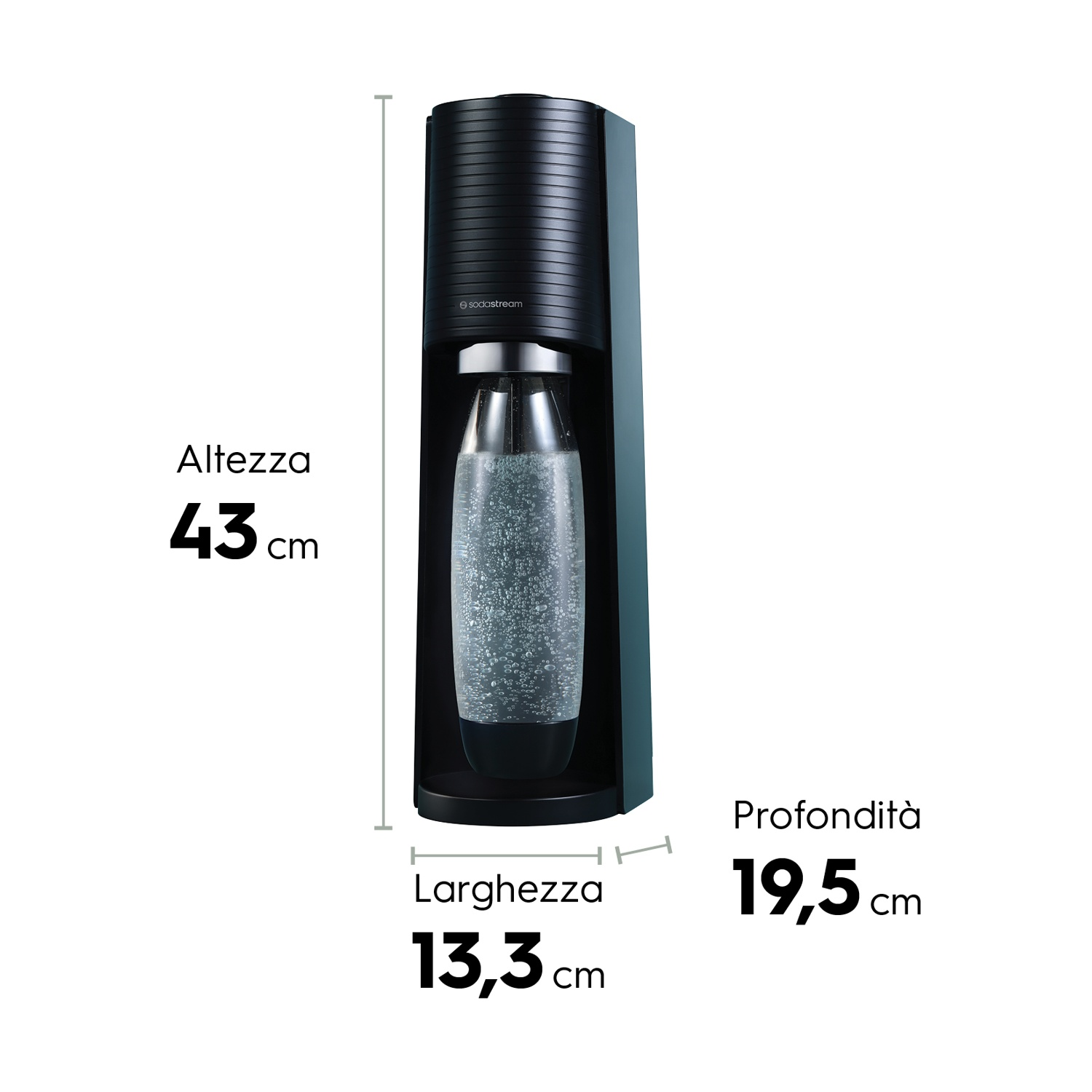 Macchina SodaStream con dimensioni: altezza 43 cm, larghezza 13,3 cm, profondità 19,5 cm.