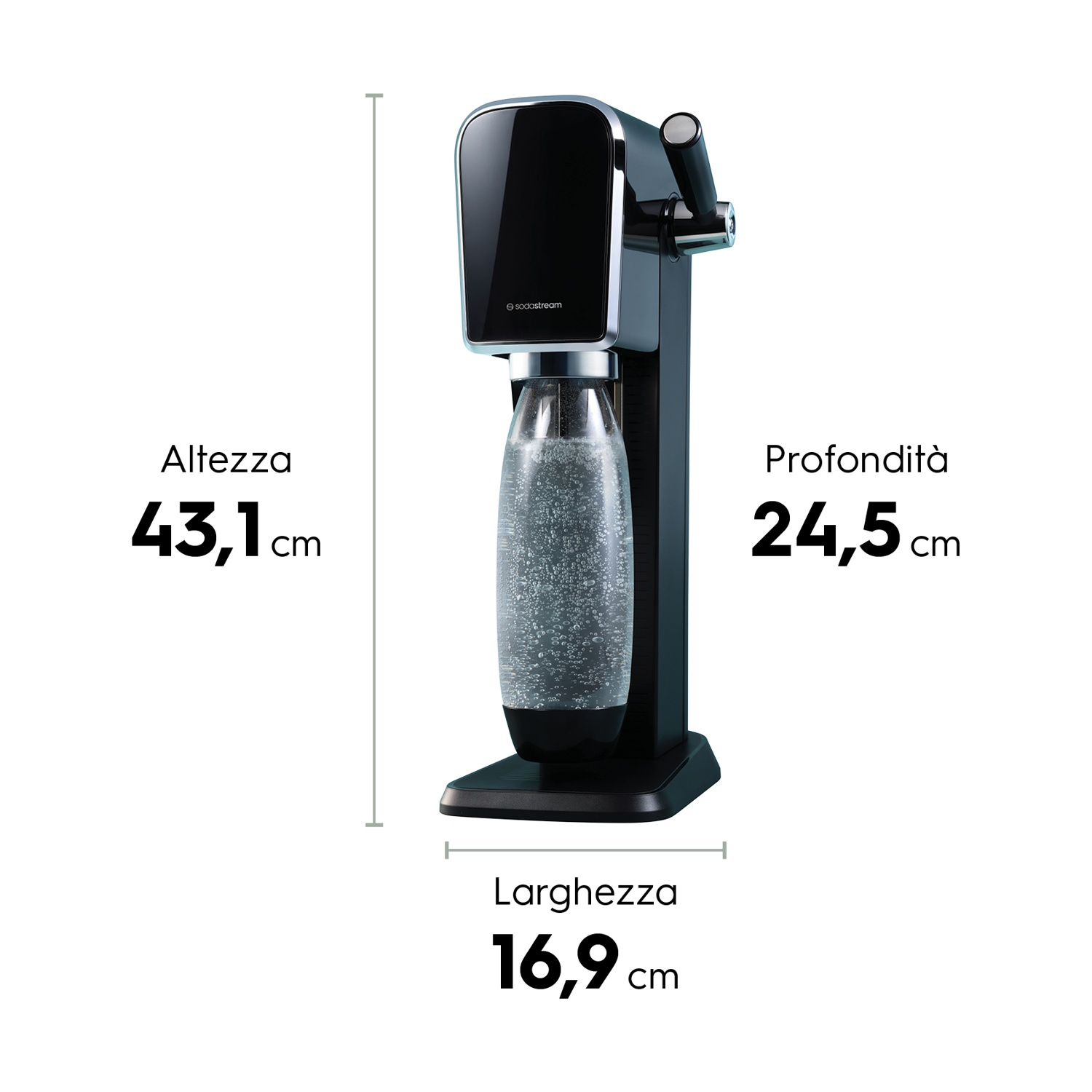 Macchina SodaStream con dimensioni: altezza 43,1 cm, larghezza 16,9 cm, profondità 24,5 cm.