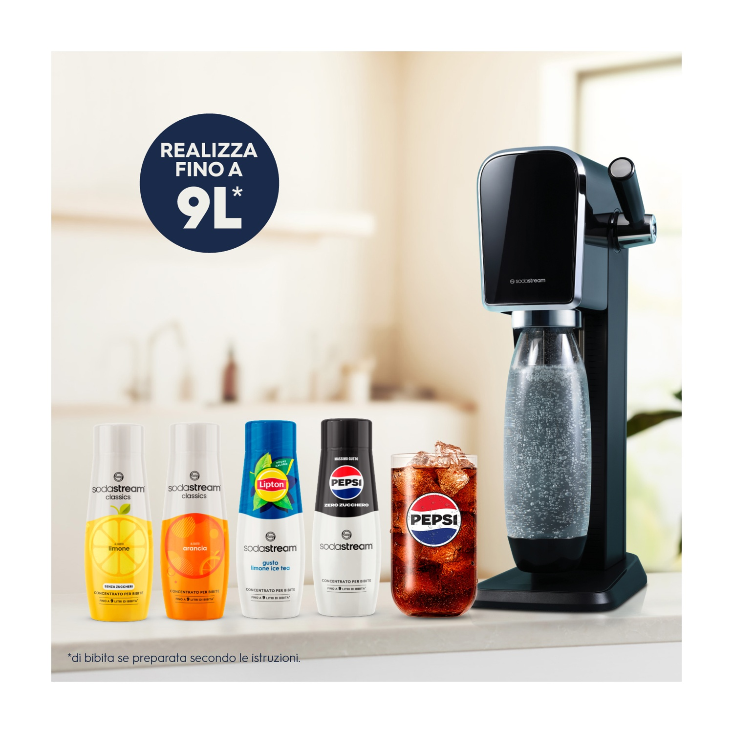 Un'apparecchiatura per soda con bottiglie di sciroppo e un bicchiere di soda. Testo: 'Make up to 9L'.