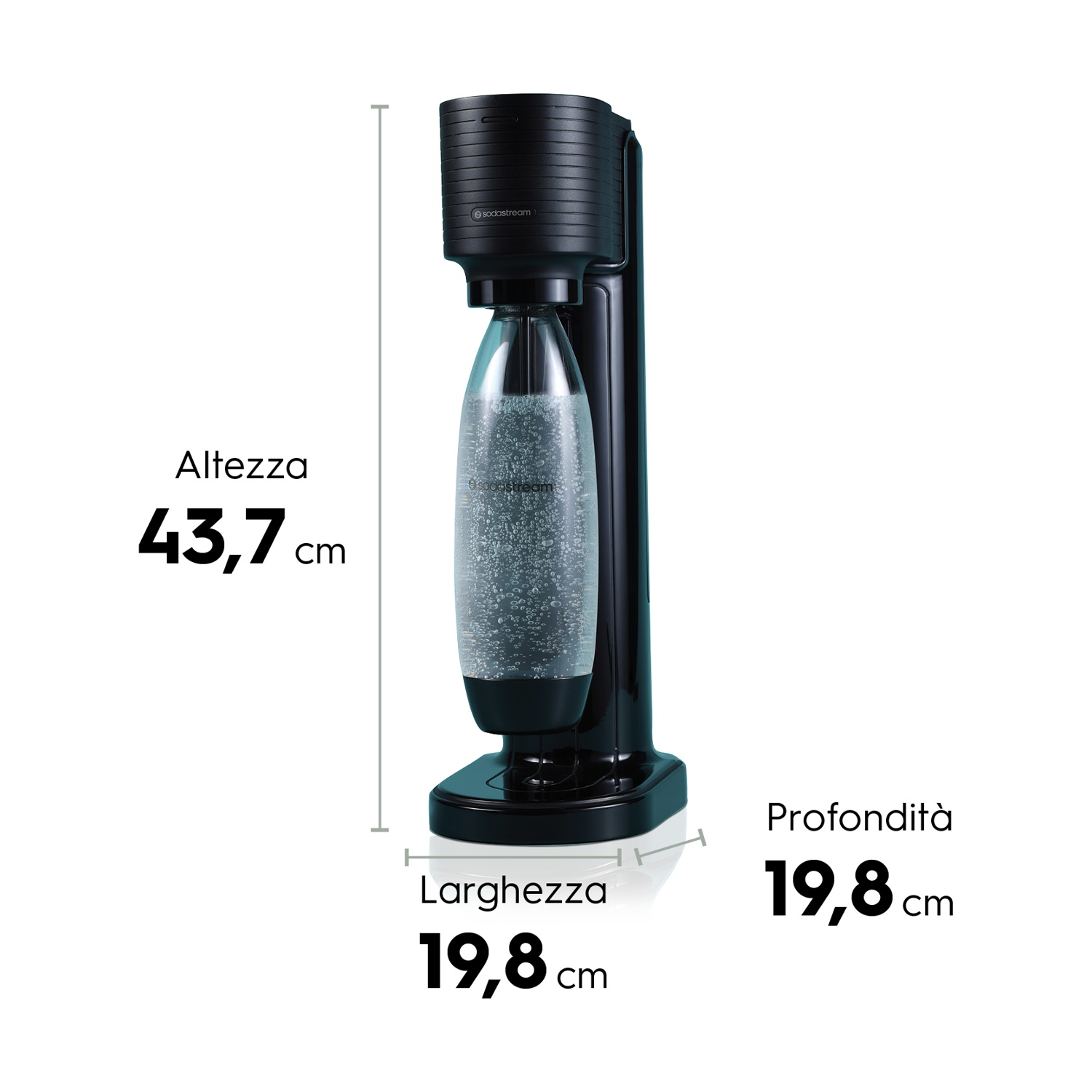 Apparecchiatura per soda con misure. Testo: Altezza 43,7 cm, Larghezza 19,8 cm, Profondità 19,8 cm.