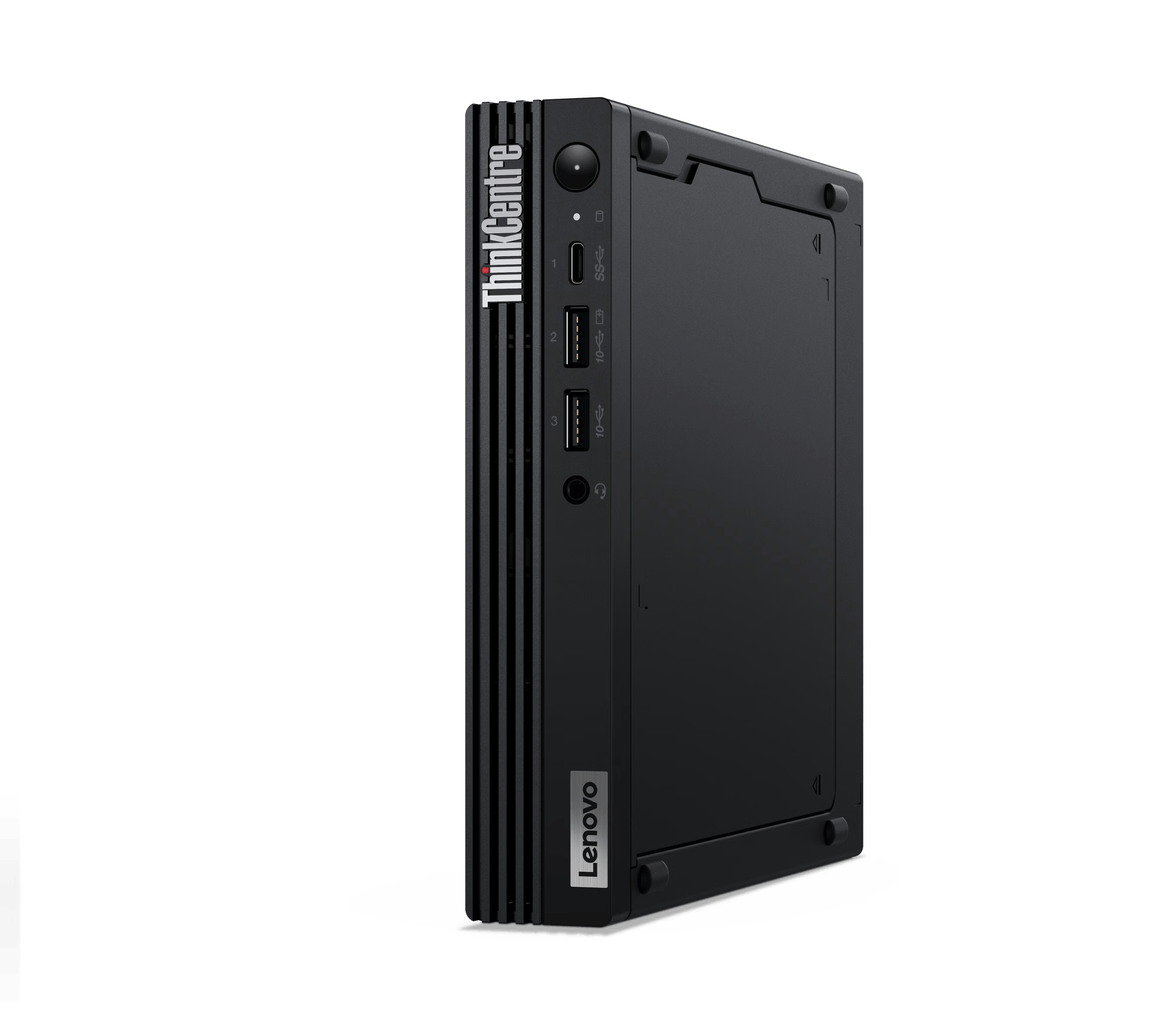 PC Lenovo negro. Vista frontal, ligeramente angulada. Puertos USB, botón de encendido y logotipo de Lenovo visibles.