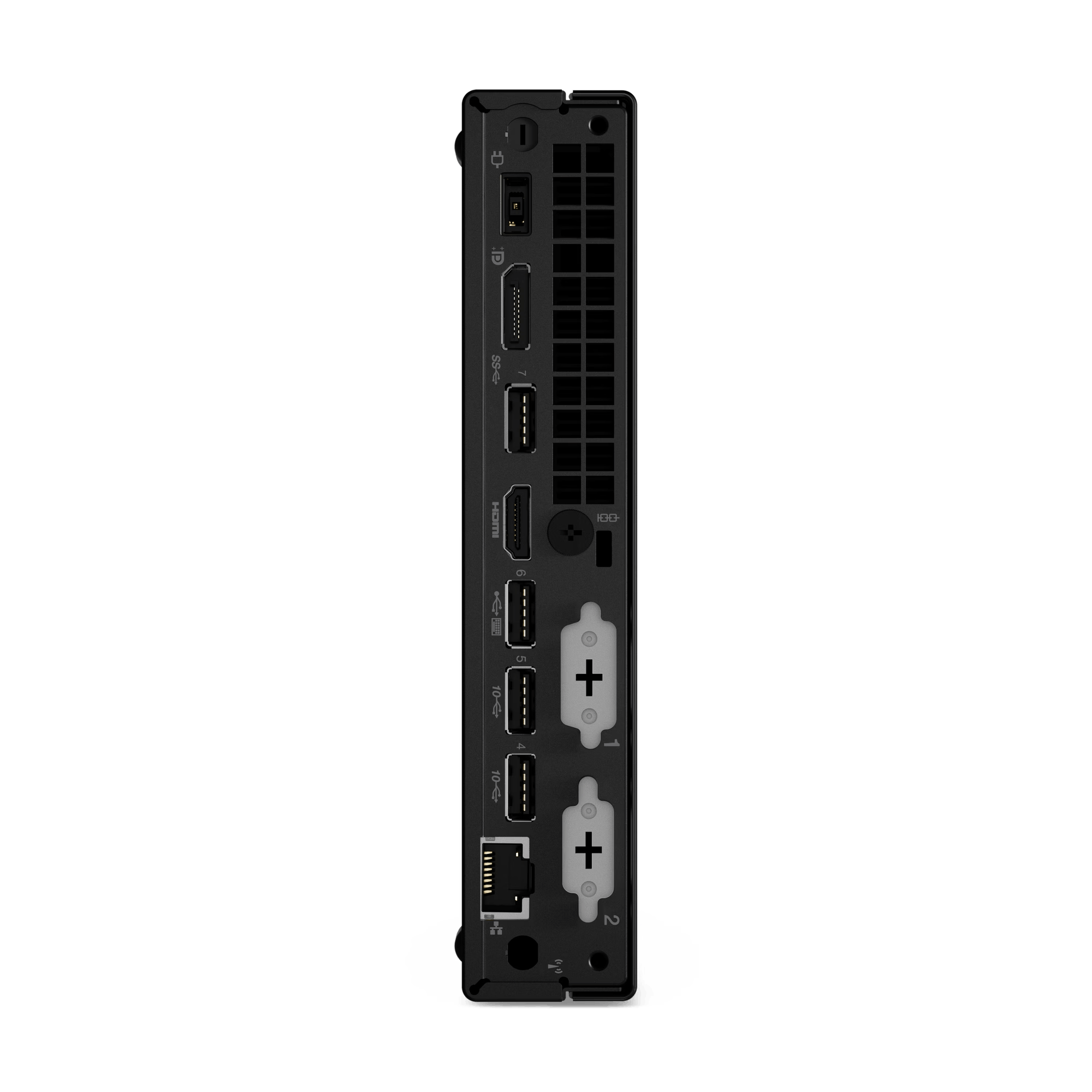 Vista trasera de un PC Lenovo negro. Se ven puertos y conectores, con un logotipo de Lenovo.