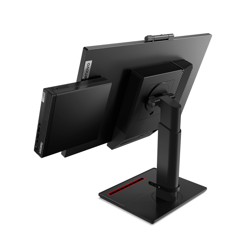Monitor negro con un mini PC Lenovo acoplado en la parte trasera.