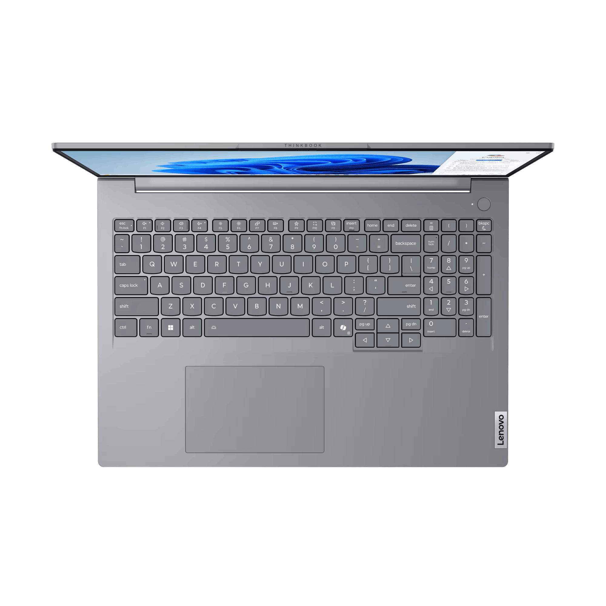 Portátil Lenovo ThinkBook plateado, teclado visible, pantalla arriba, fondo negro.