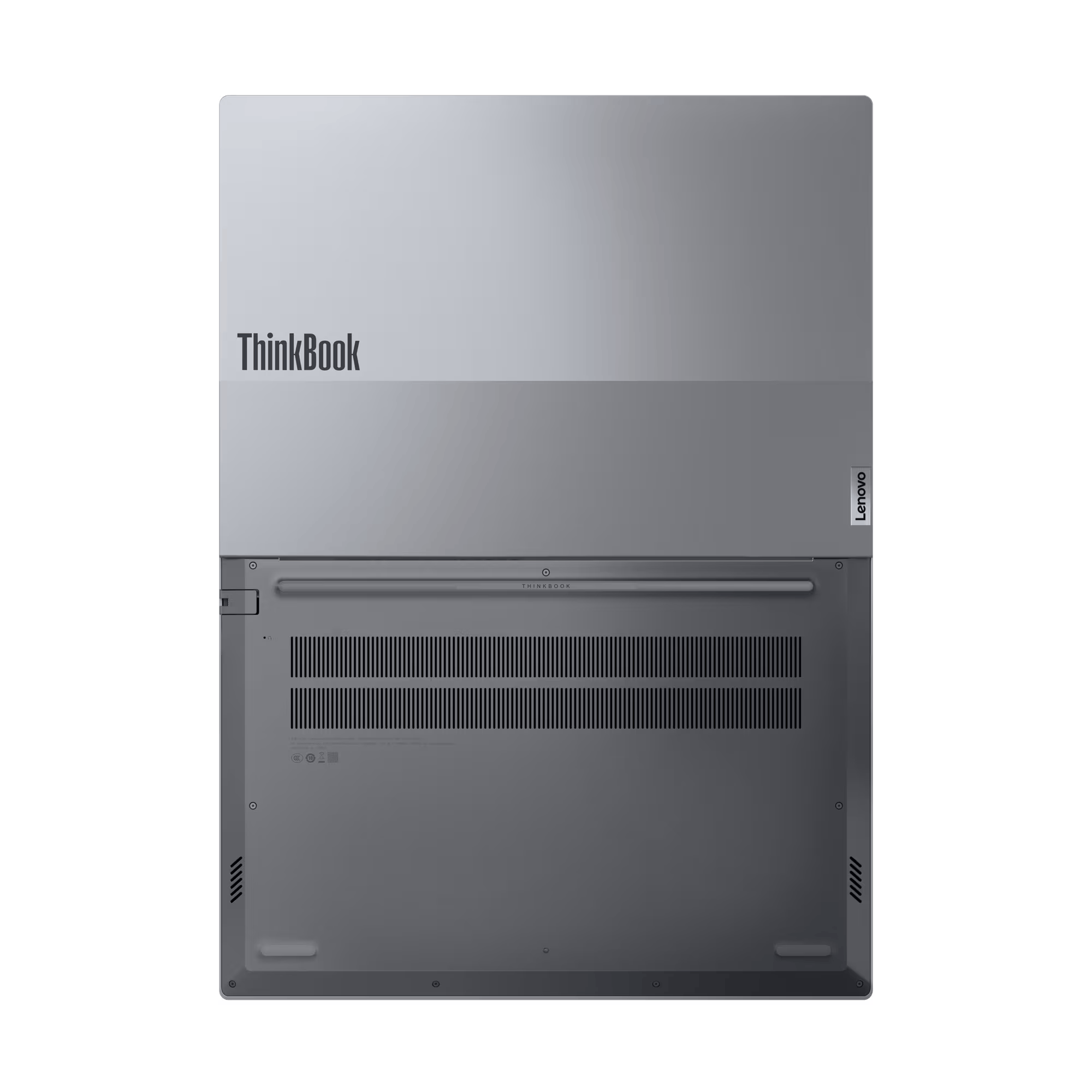 Portátil Lenovo ThinkBook plateado, vista superior, logotipos ThinkBook y Lenovo, fondo negro.