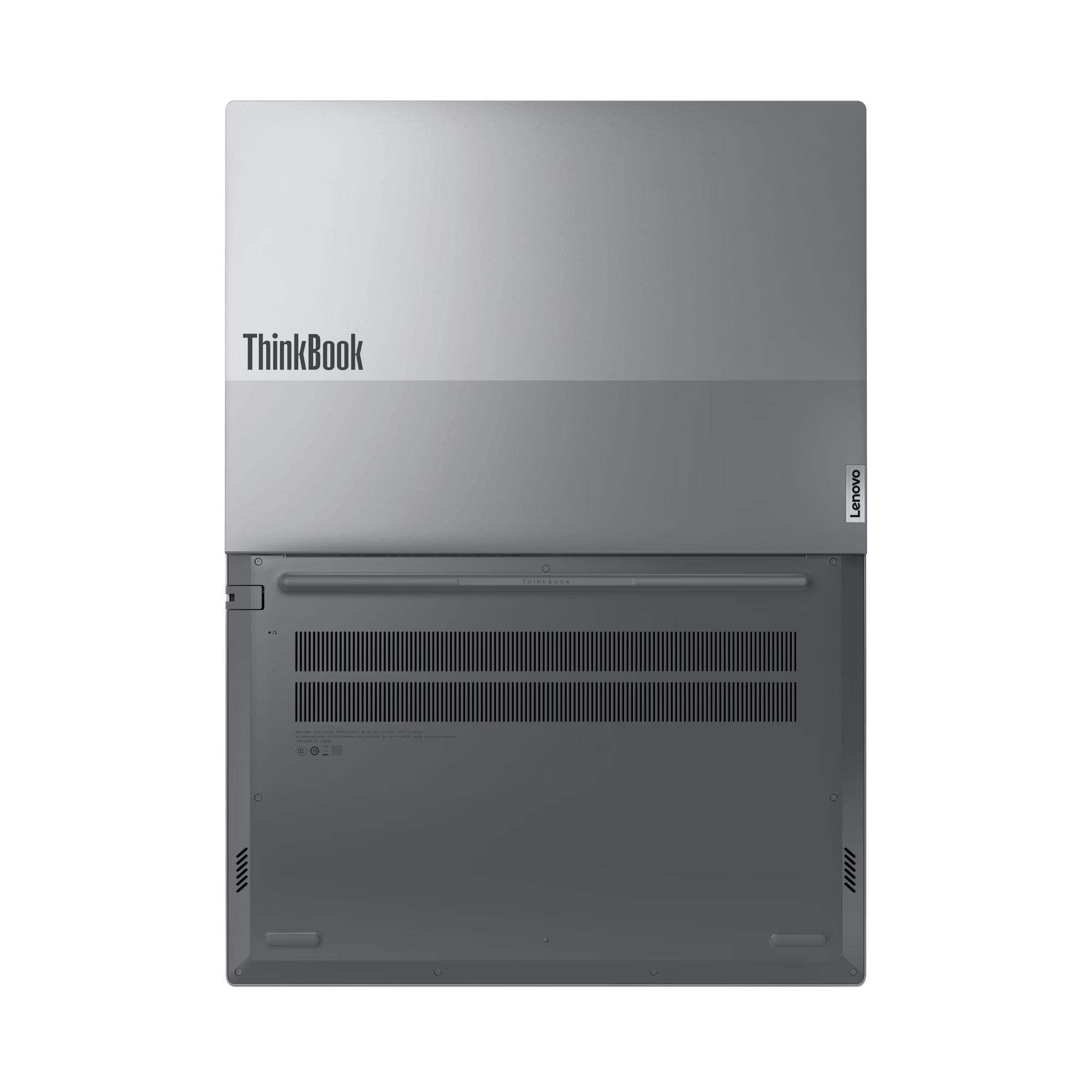 Portátil Lenovo ThinkBook plateado, vista superior, logotipos ThinkBook y Lenovo, fondo negro.