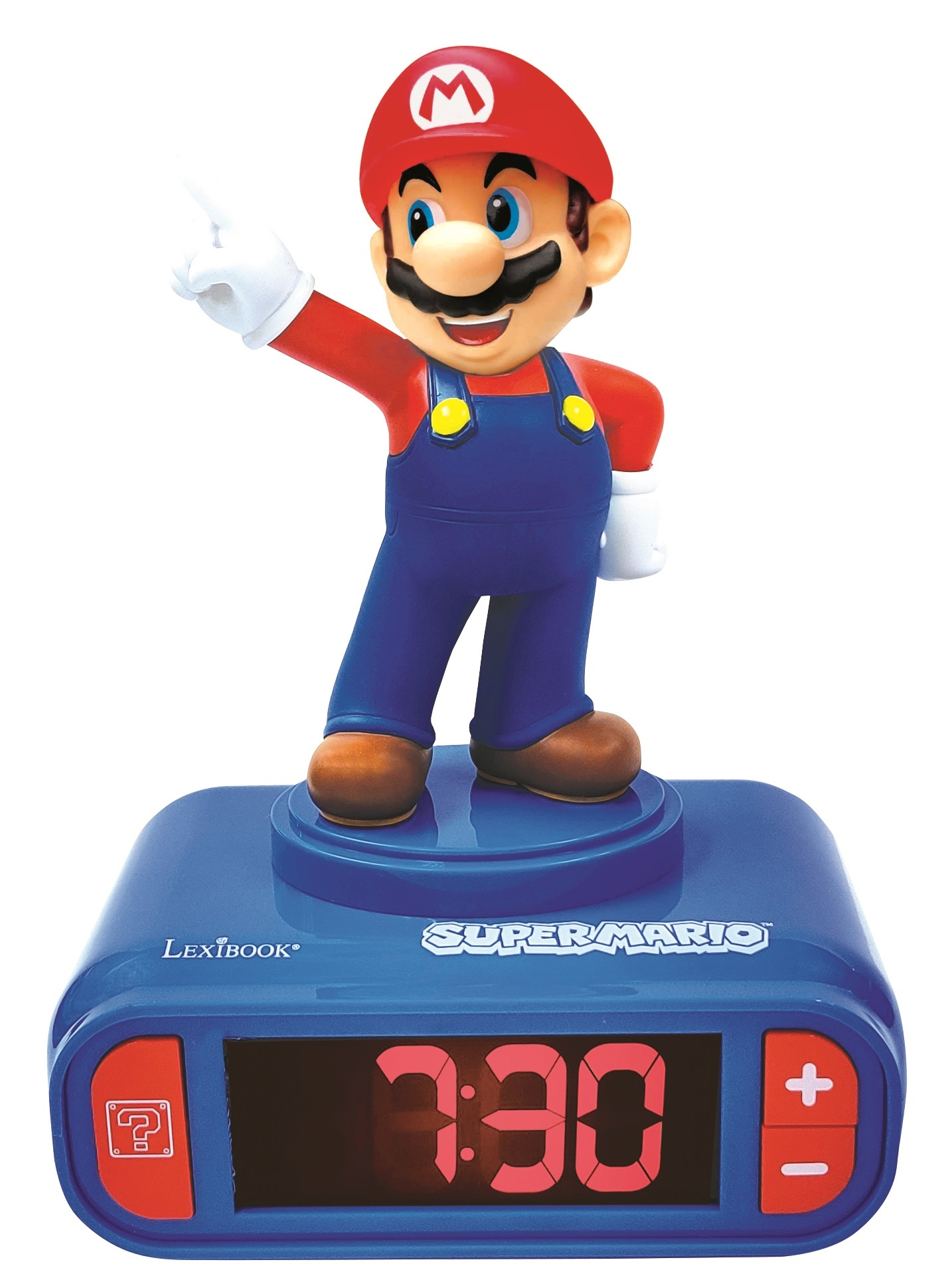Mario-Wecker. Roter Hut und Latzhose, blaue Basis mit digitaler Zeitanzeige.