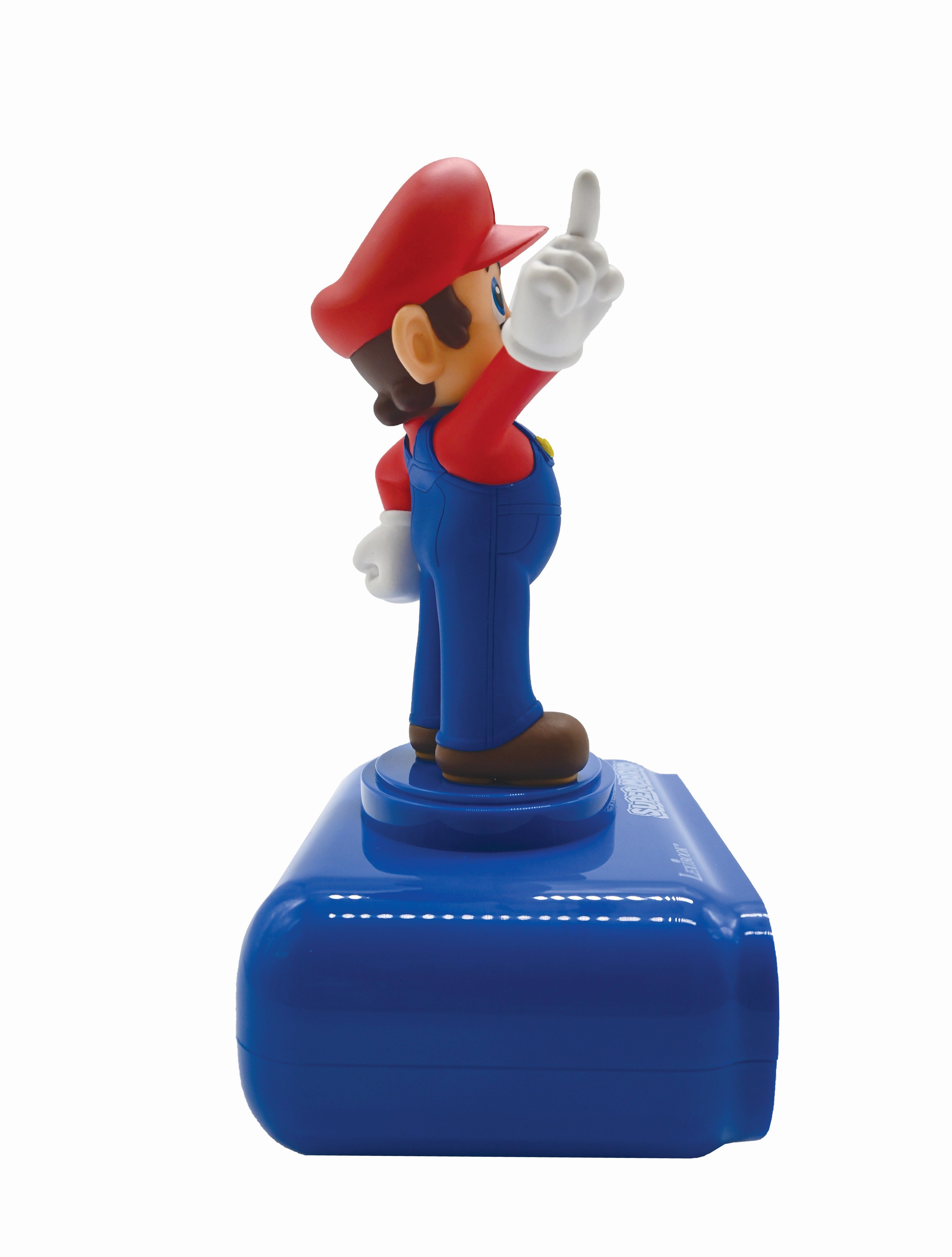 Seitenansicht eines Mario-Weckers. Mario-Figur steht auf einer blauen Basis.