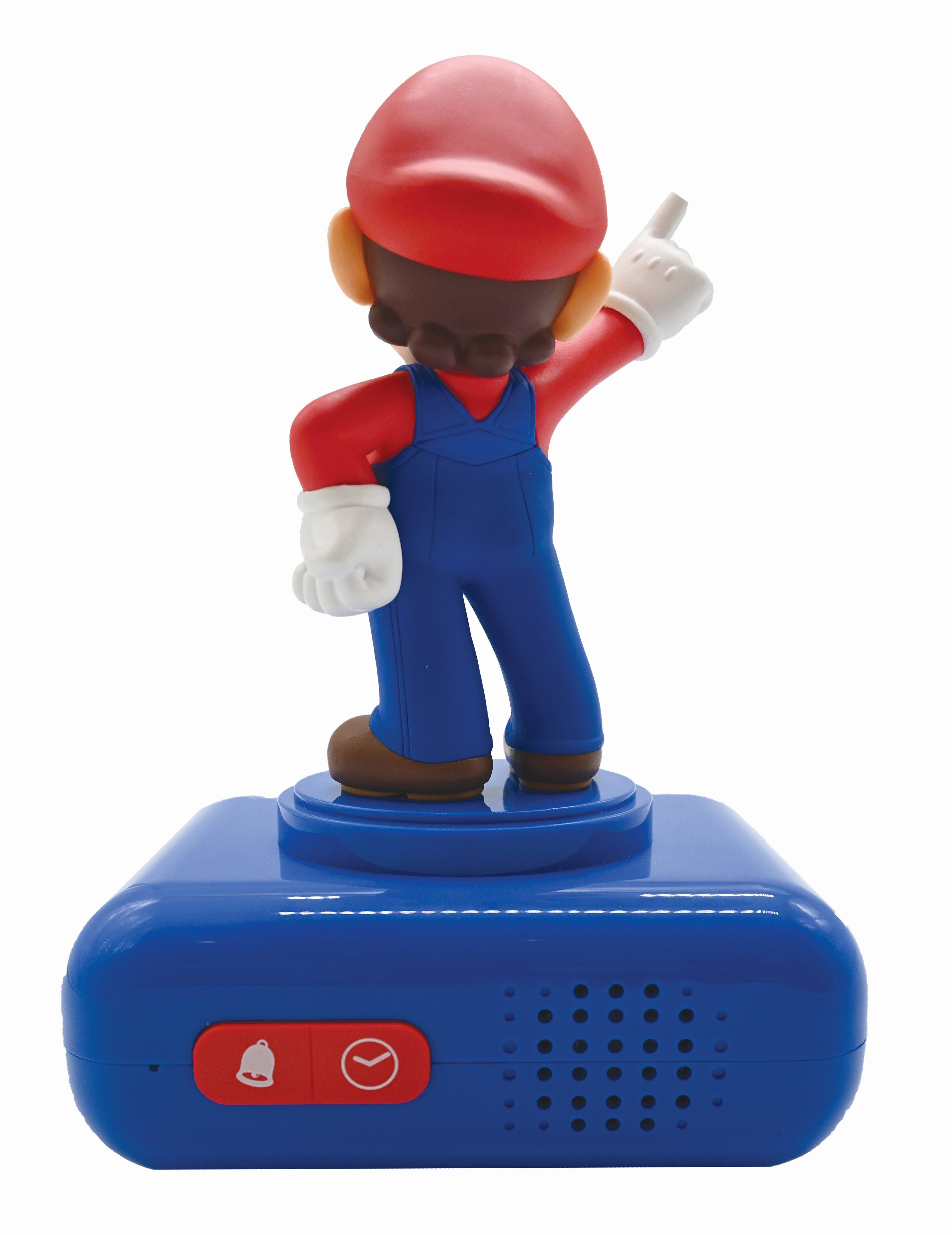 Rückansicht des Mario-Weckers. Blaue Basis mit Glocken- und Uhrensymbolen. Mario-Figur.