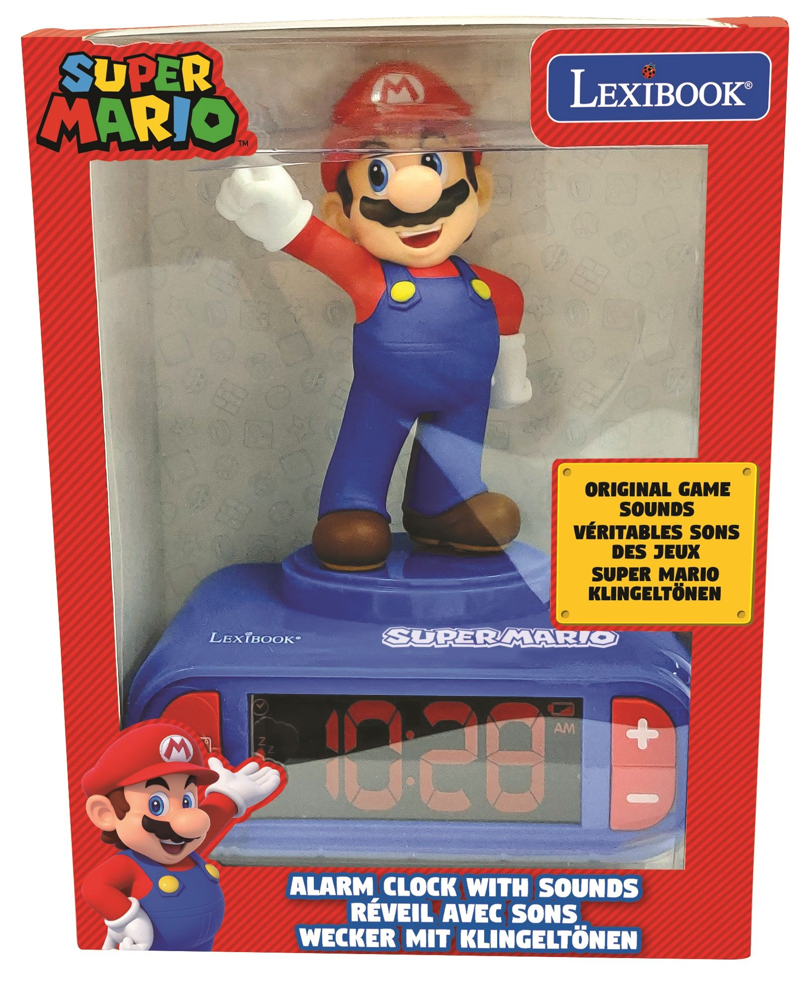 Mario-Wecker in der Verpackung. Rote und blaue Verpackung. Mario-Figur obenauf.