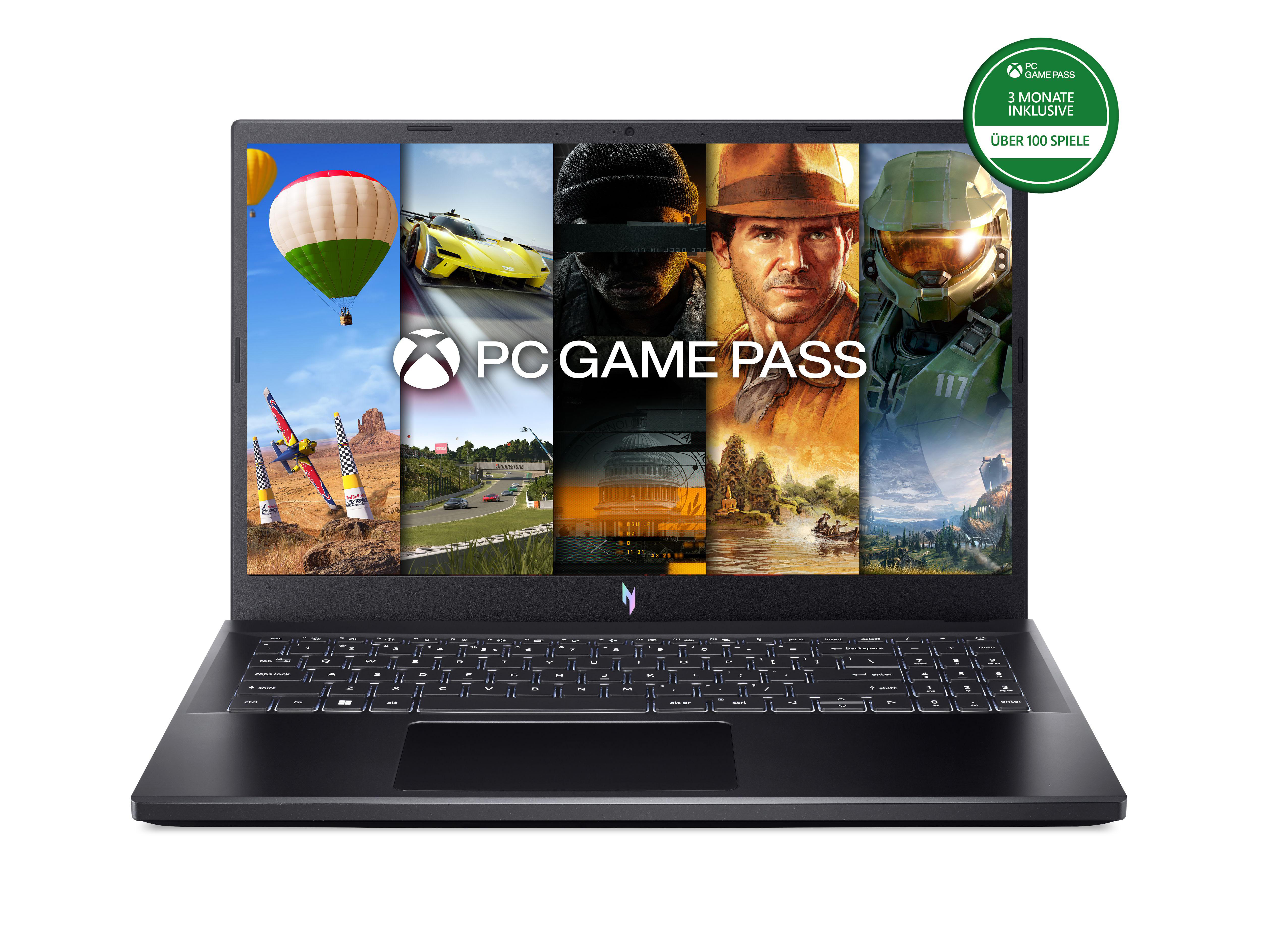 Laptop mit PC Game Pass Logo und Spielbildern. Grünes Abzeichen: 3 Monate inklusive.