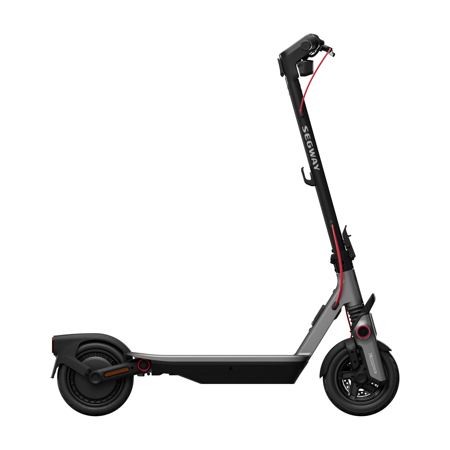 Scooter elettrico grigio Segway Ninebot F3, vista laterale. Dettagli neri e rossi. Sfondo bianco.